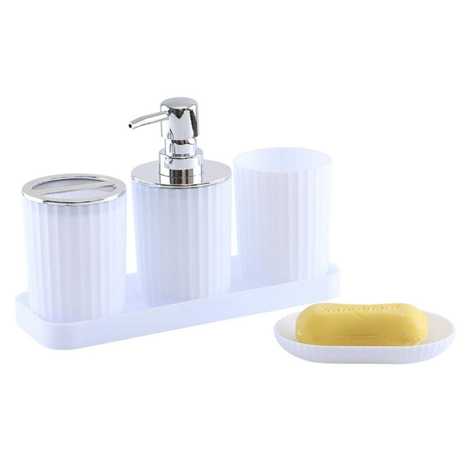Weißer Badezimmer-Arbeitsplatz-Organizer mit einem Seifenspender, zwei Aufbewahrungsbechern und einer Seifenschale, die einen gelben Seifenstein auf einem Tablett hält.