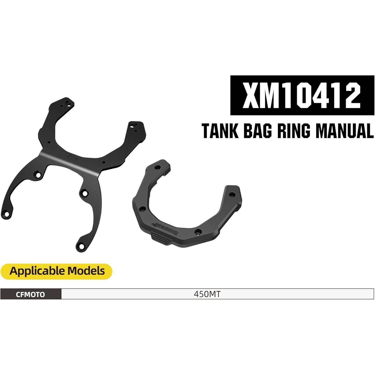 Produktgrafik für XM10412 Tankrucksackreif-Handbuch mit zwei schwarzen Befestigungsringen und kompatiblem Modell CFMOTO 450MT.