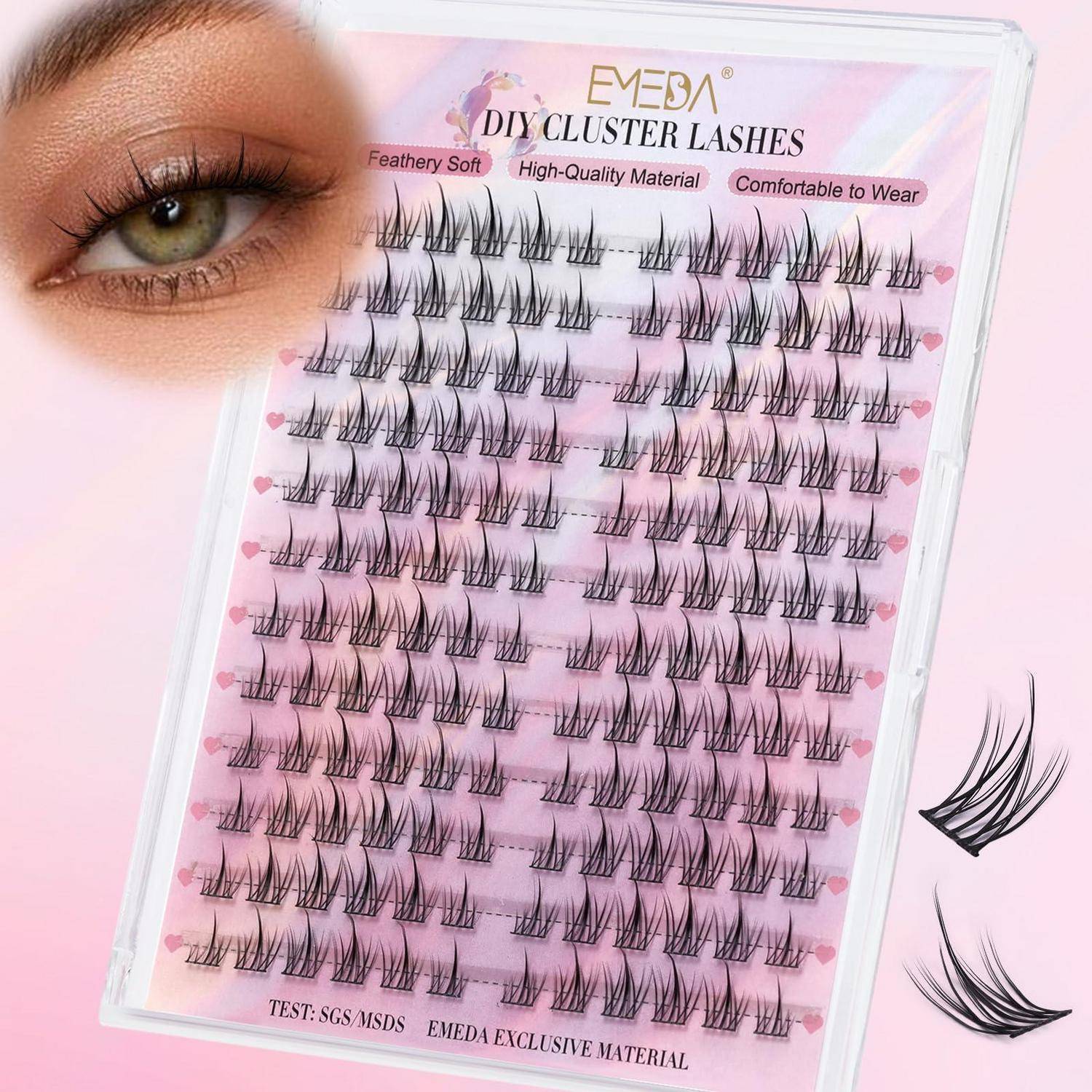 Nahaufnahme eines Auges neben einer Packung „EMEDA DIY Cluster Lashes