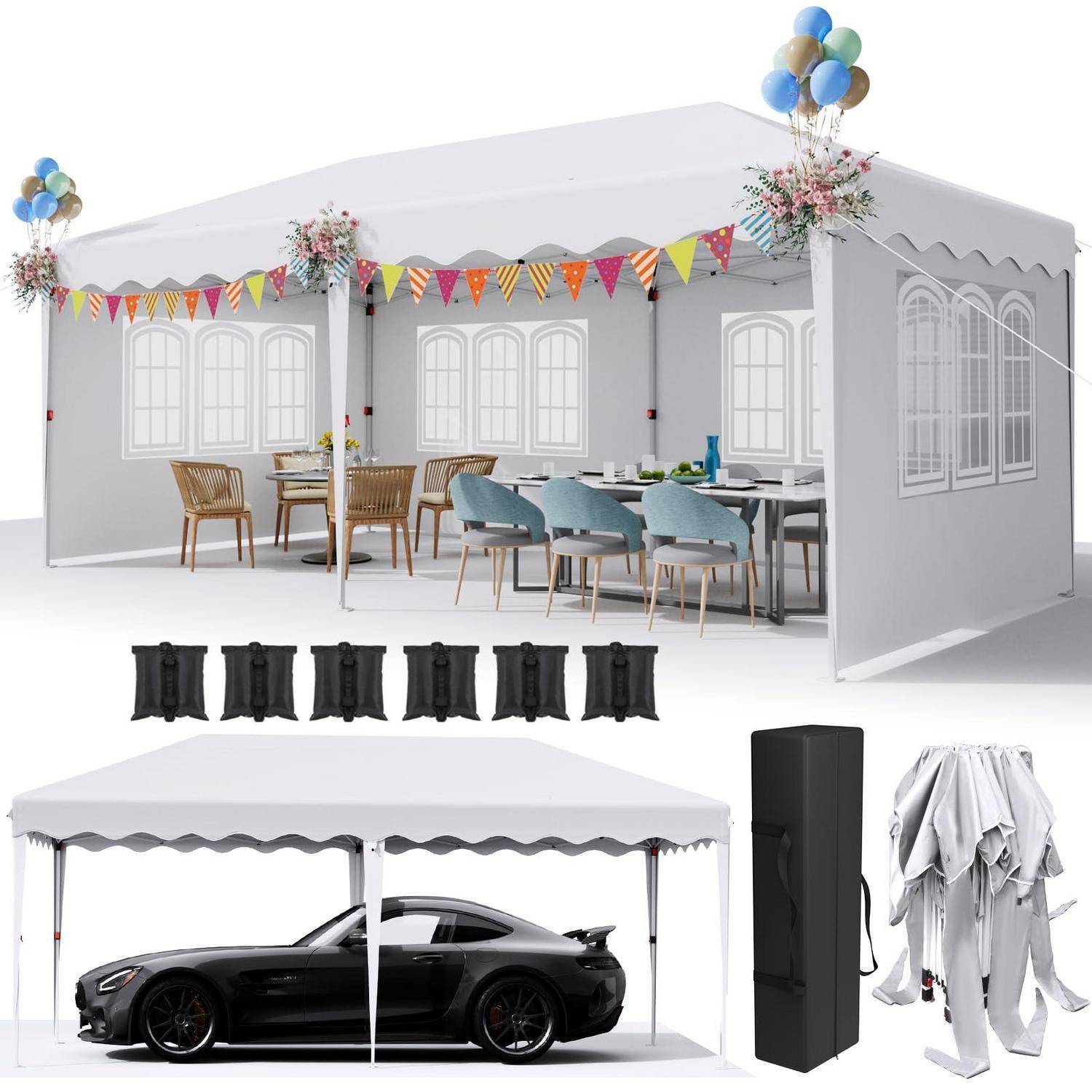 Werbefoto eines weißen Outdoor-Veranstaltungszelts mit Wimpelketten, Luftballons, Tischen und Stühlen, plus ein schwarzes Auto unter einem ähnlichen Baldachin und daneben aufgefaltete Zeltteile.