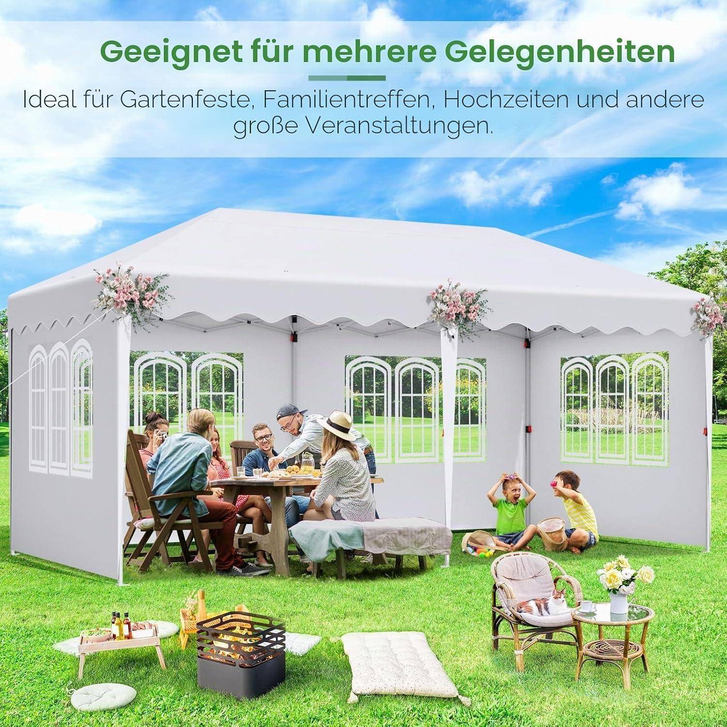 Outdoor-Partyzelt mit Fenstern und gewelltem Baldachin, gezeigt für Gartenpartys, Familientreffen, Hochzeiten und andere große Veranstaltungen.