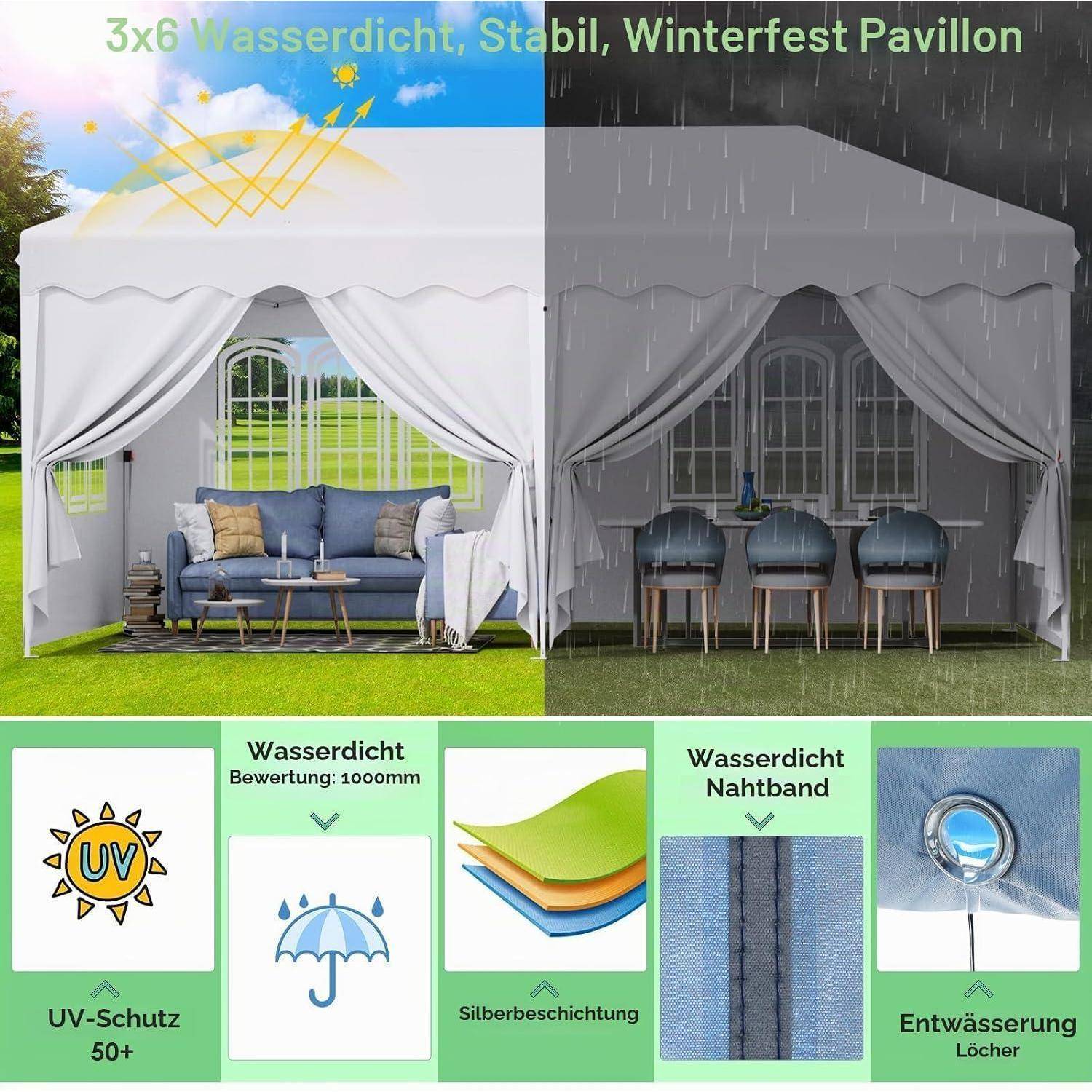 Werbebild eines 3x6 m wasserdichten, stabilen, winterfesten Pavillons, dargestellt in Sonne und Regen, mit UV 50+ Schutz, Silberbeschichtung, versiegelten Nähten und Entwässerungslöchern.