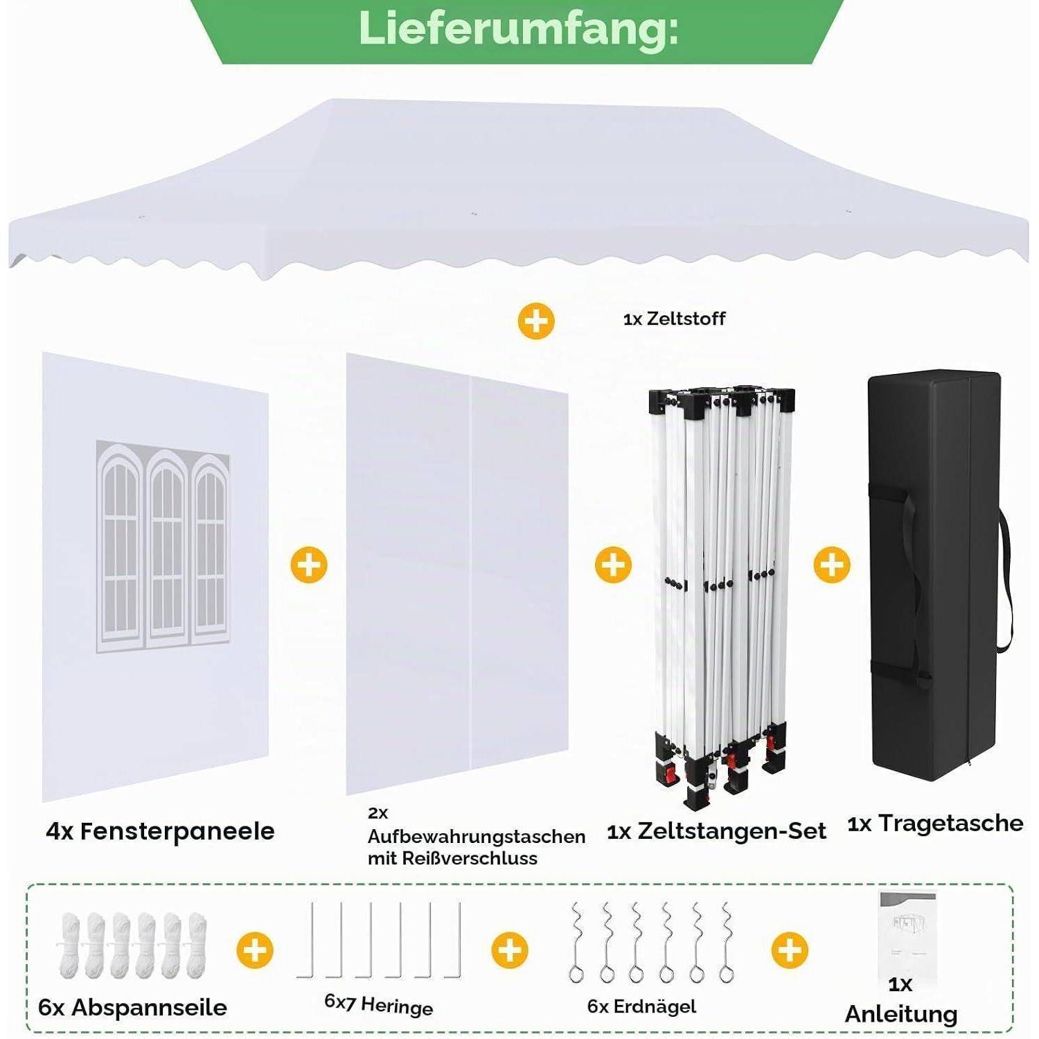 Im Lieferumfang eines Pavillon-Zeltes enthalten: Zeltstoff, 4 Fenster-Seitenpaneele, 2 Reißverschluss-Aufbewahrungstaschen, 1 Stangensatz, 1 Tragetasche, 6 Abspannseile, 6 Heringe und 1 Bedienungsanleitung.