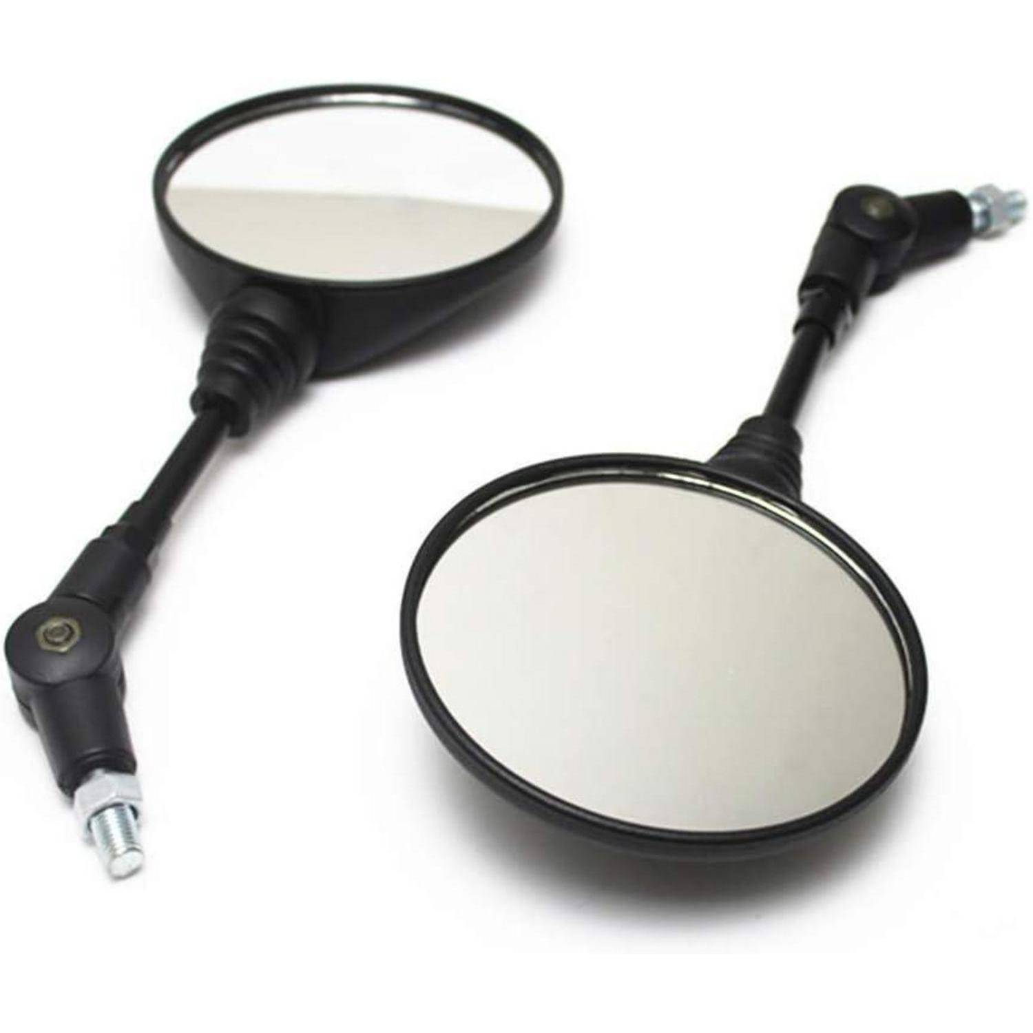 Zwei schwarze Motorrad-Seitenspiegel mit rundem reflektierendem Glas und verstellbaren Stielen auf weißem Hintergrund.