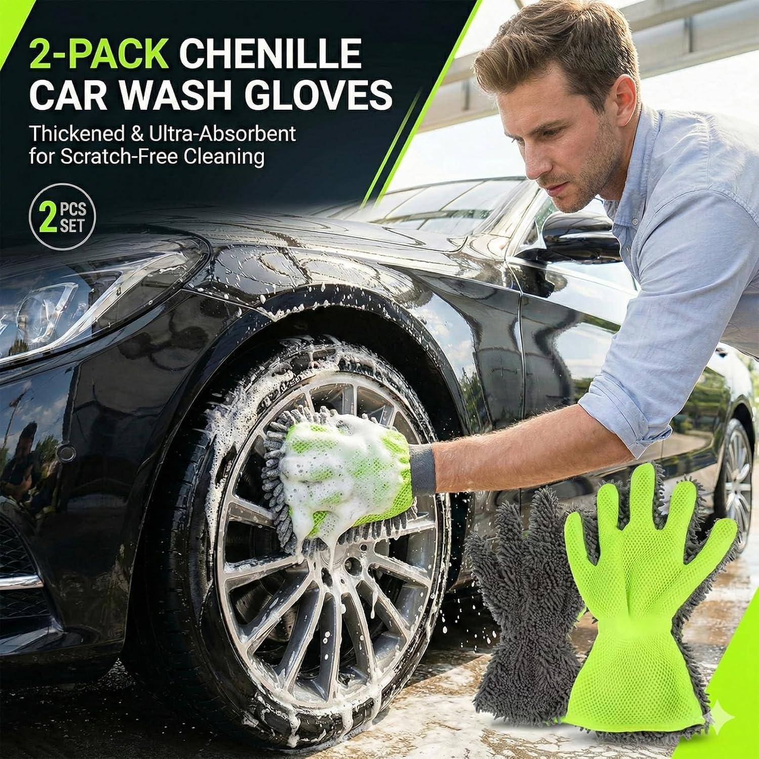 Werbebild eines Mannes, der ein schwarzes Autorad mit einem grünen Chenille-Handschuh wäscht; der Text lautet „2ER-PACK CHENILLE-AUTOWÄSCH-HANDSCHUHE