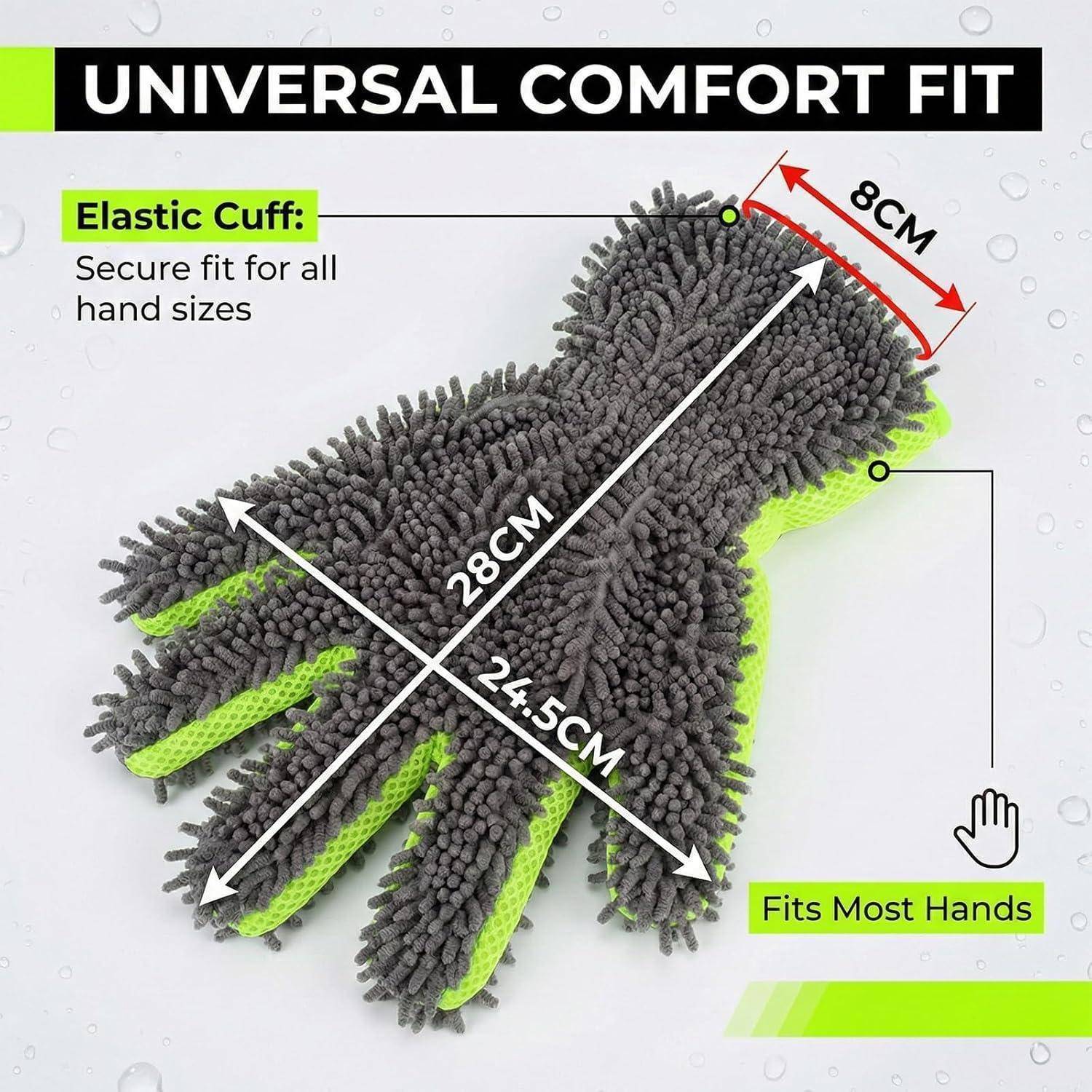 Produktgrafik eines grauen Microfaser-Reinigungshandschuhs mit grünem elastischem Bündchen, mit der Bezeichnung „Universal Comfort Fit