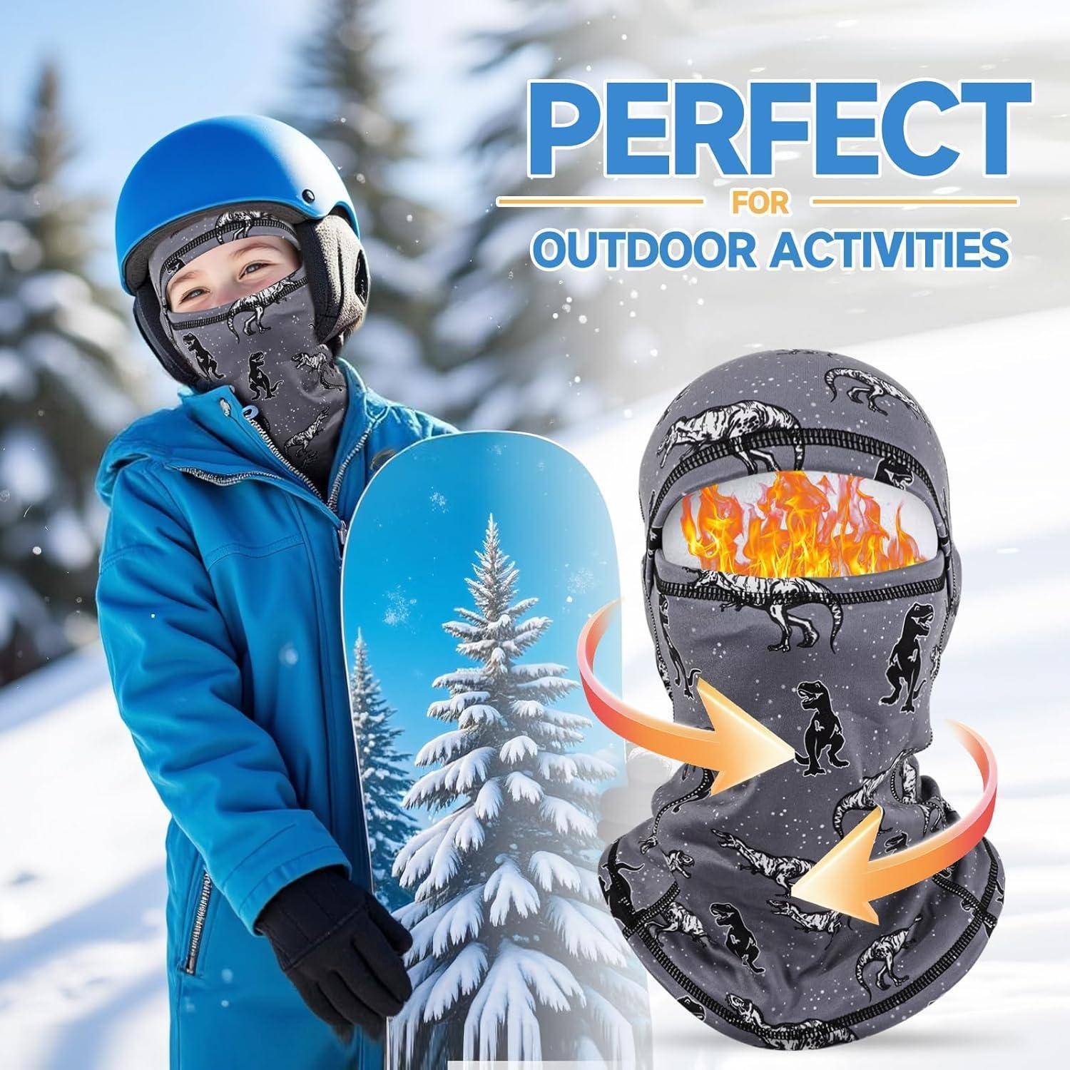 Werbebild eines Kindes in Winterkleidung, das ein Snowboard hält, mit dem Text „PERFEKT FÜR OUTDOOR-AKTIVITÄTEN" und einer Grafik, die eine beheizte Gesichtsmaske zeigt.