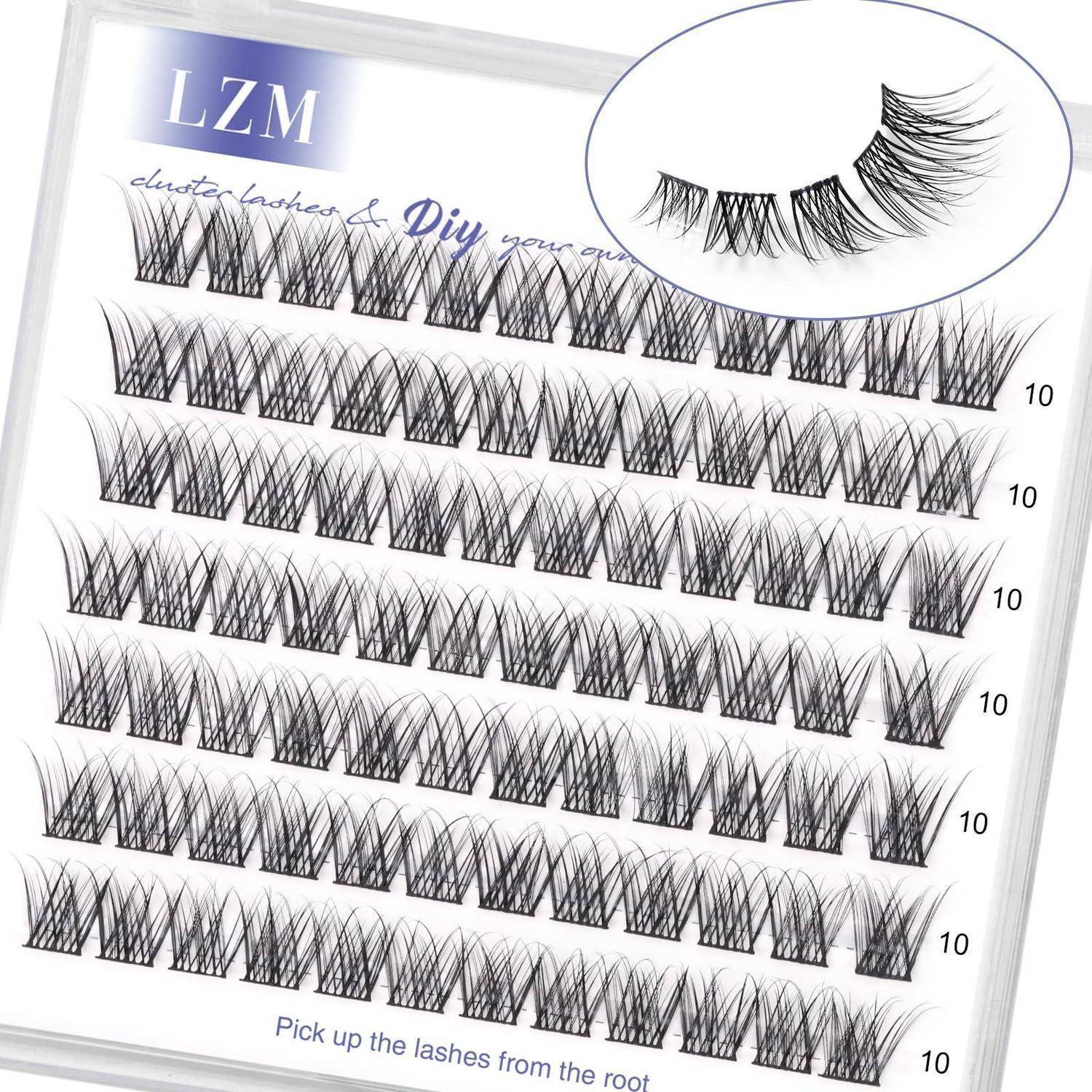 Paket mit LZM-Wimpernverlängerungen mit mehreren Wimpernstilen in Reihen angeordnet, mit einer Nahaufnahme eines dramatischen Paares und dem Text „Wimpern von der Wurzel abheben