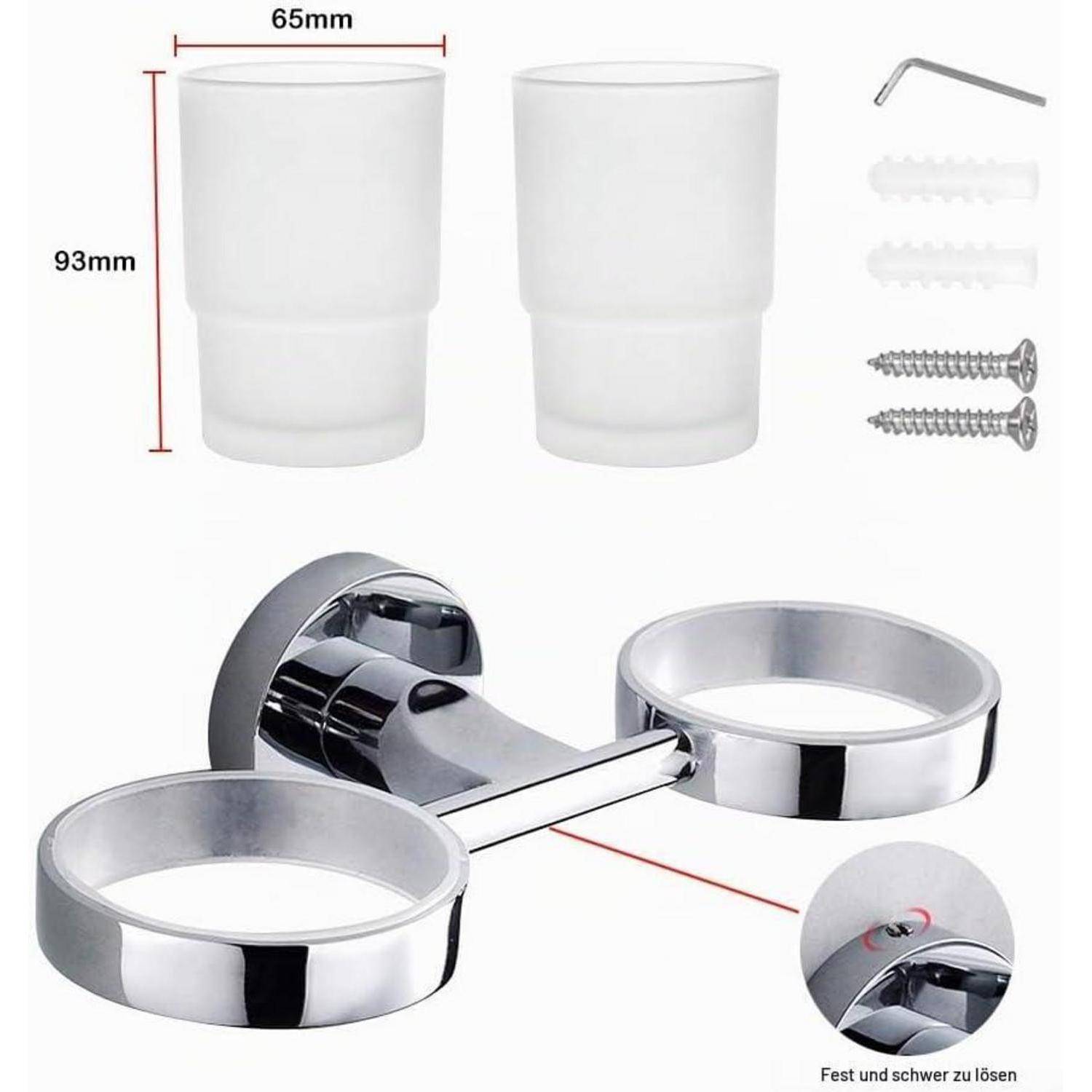 Chrom-Doppel-Wandmontage-Zahnbürstenhalter im Badezimmer mit zwei Bechern, Montagezubehör, Innensechskantschlüssel und Abmessungen 65 mm x 93 mm.