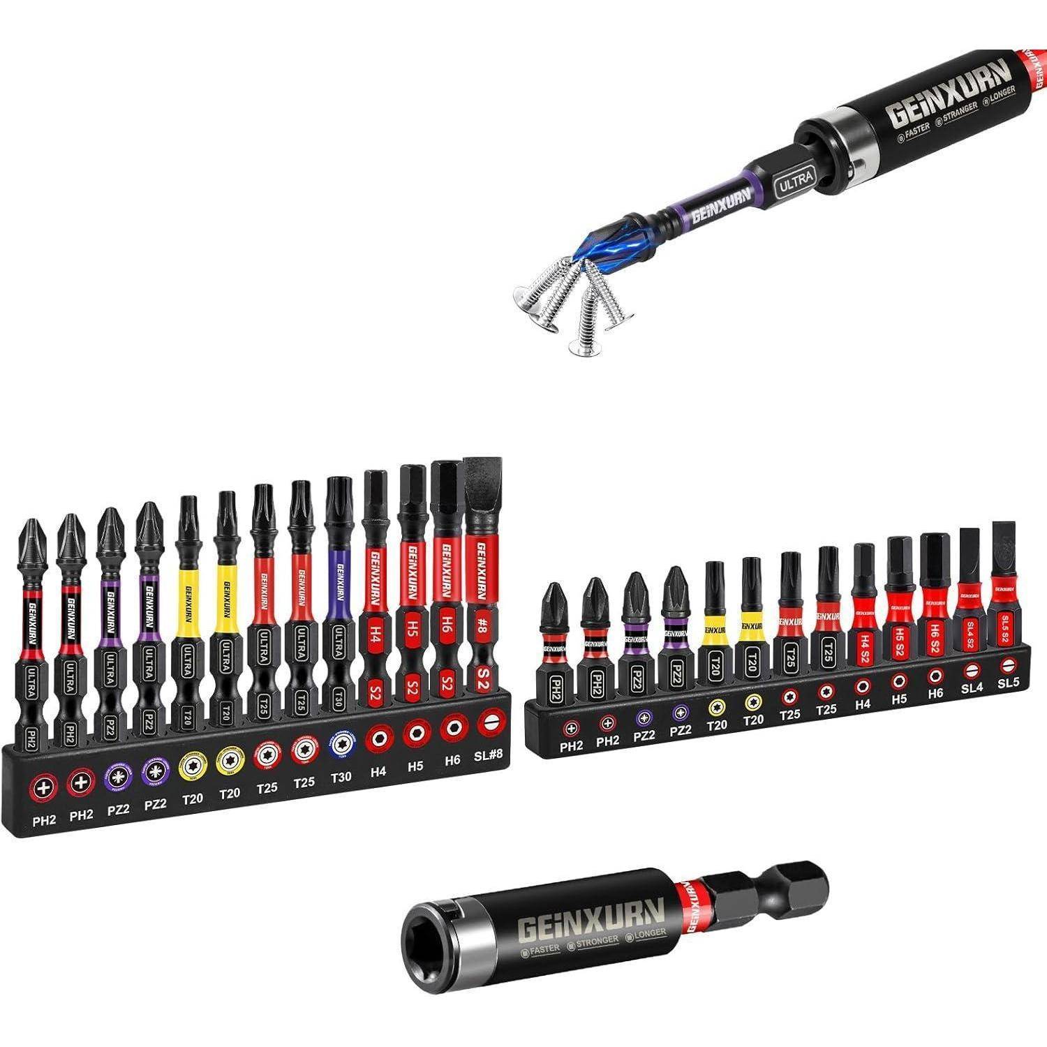 Magnetischer Schraubendreher-Bitsatz mit mehreren austauschbaren Bits in zwei Haltern, plus Bitadapter und Verlängerung, auf weißem Hintergrund abgebildet.