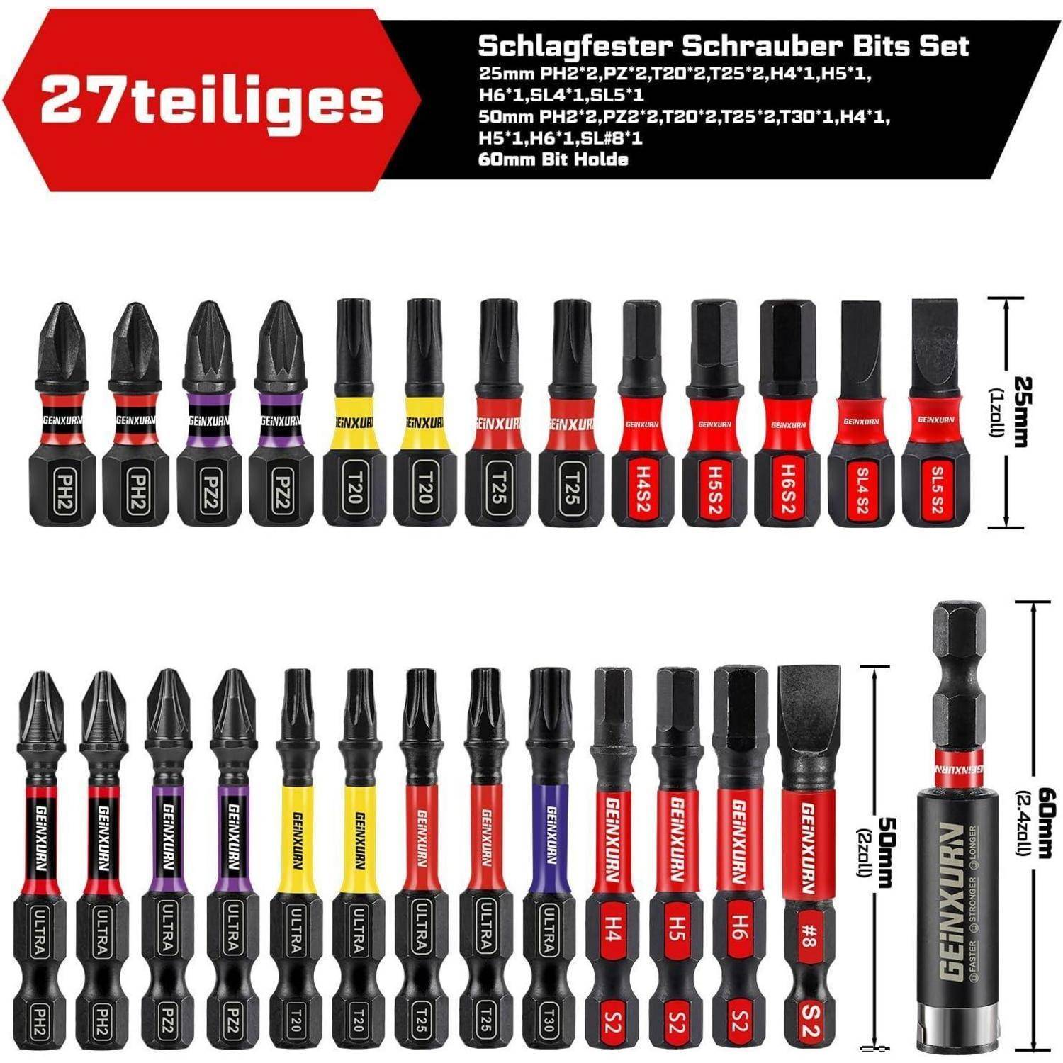 27-teiliger Schraubendrehersatz mit sortiertem Zubehör aus PH-, PZ-, T-, H- und SL-Bits sowie 50-mm- und 60-mm-Bithaltern, mit Größenbezeichnungen dargestellt.