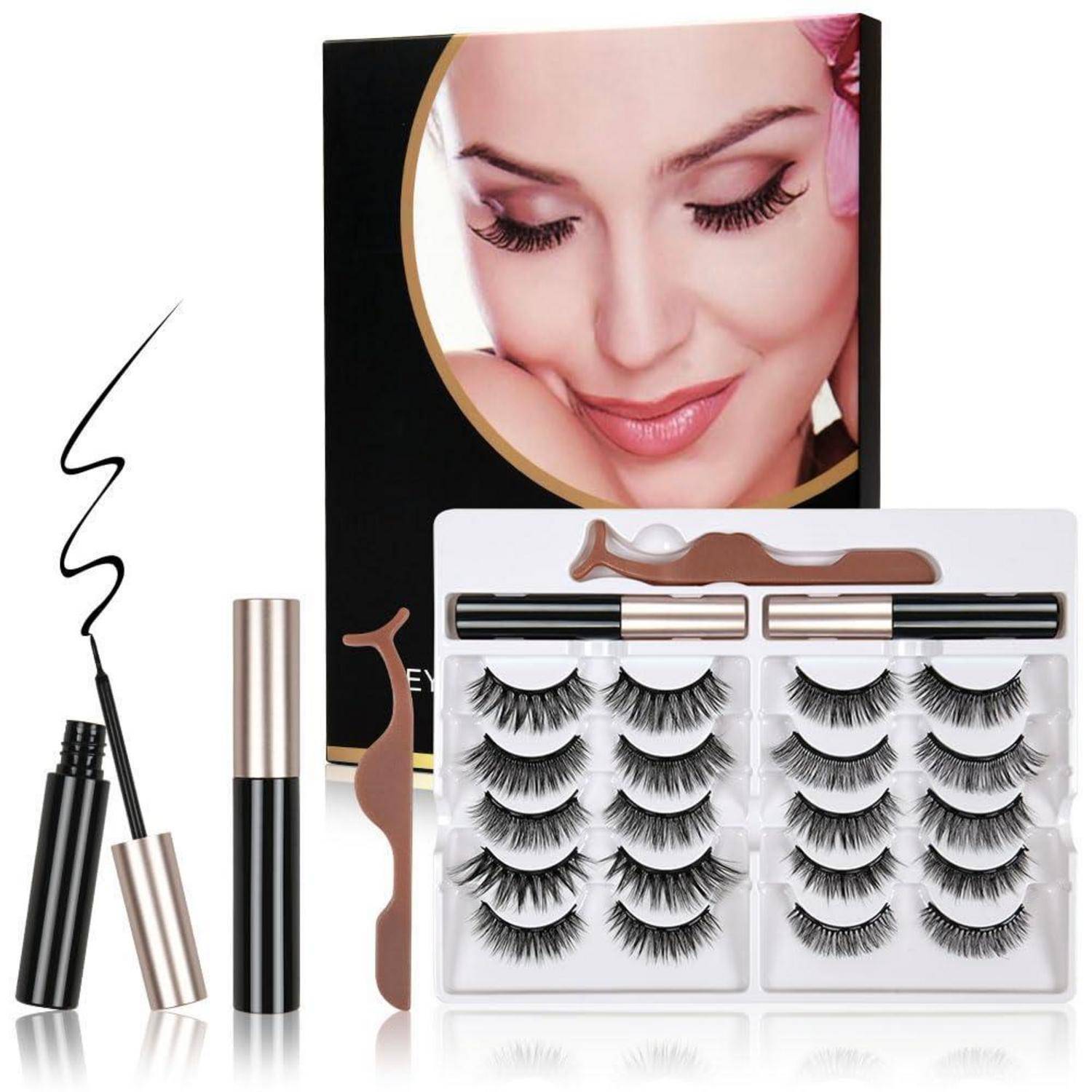Kunstwimpern- und Eyeliner-Set mit mascaraähnlichen Tuben und Verpackung, die einen Augenmakeup-Look einer Frau zeigt.