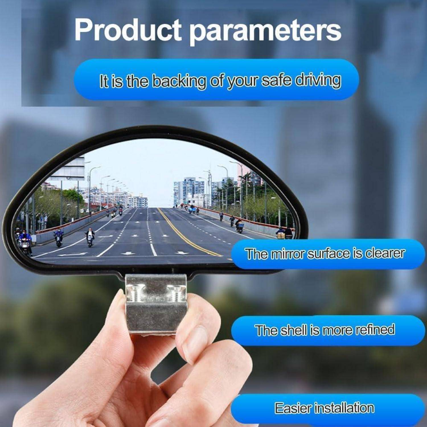 Werbebild für ein Produkt eines Rückspiegels mit dem Text „Produktparameter
