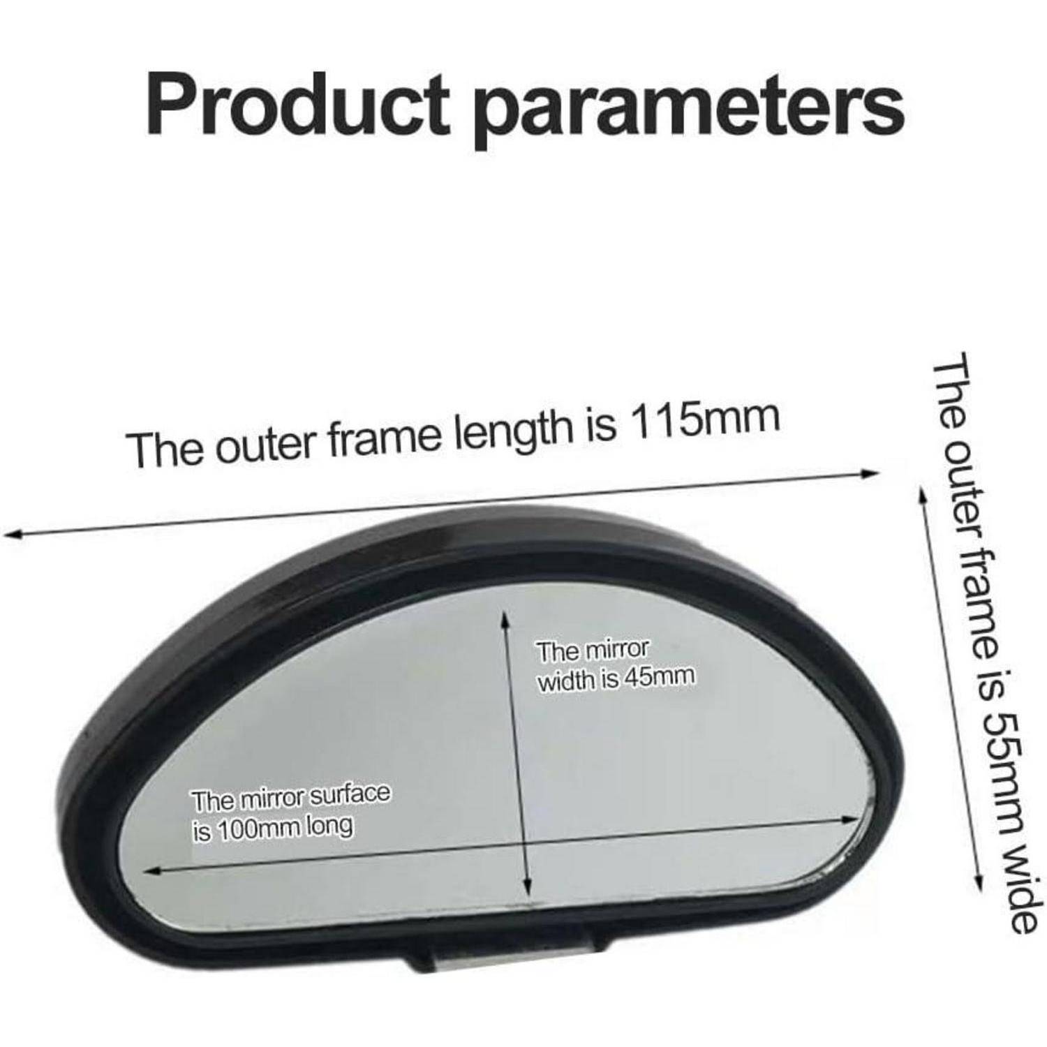 Produktparameterdiagramm eines ovalen Spiegels: Außenrahmen Länge 115 mm, Breite 55 mm, Spiegelfläche 100 mm lang, Spiegelbreite 45 mm.