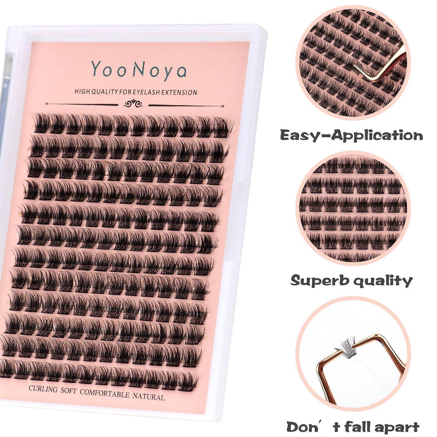 YooNoya Wimpernverlängerungs-Tablett mit mehreren Reihen künstlicher Wimpern, plus Nahaufnahme-Kreise mit den Aufschriften „Einfache Anwendung