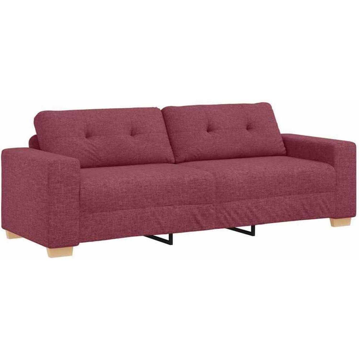 Bordeauxrote zweisitzige Couch mit zwei gesteppten Rückenkissen und Holzbeinen auf weißem Hintergrund.