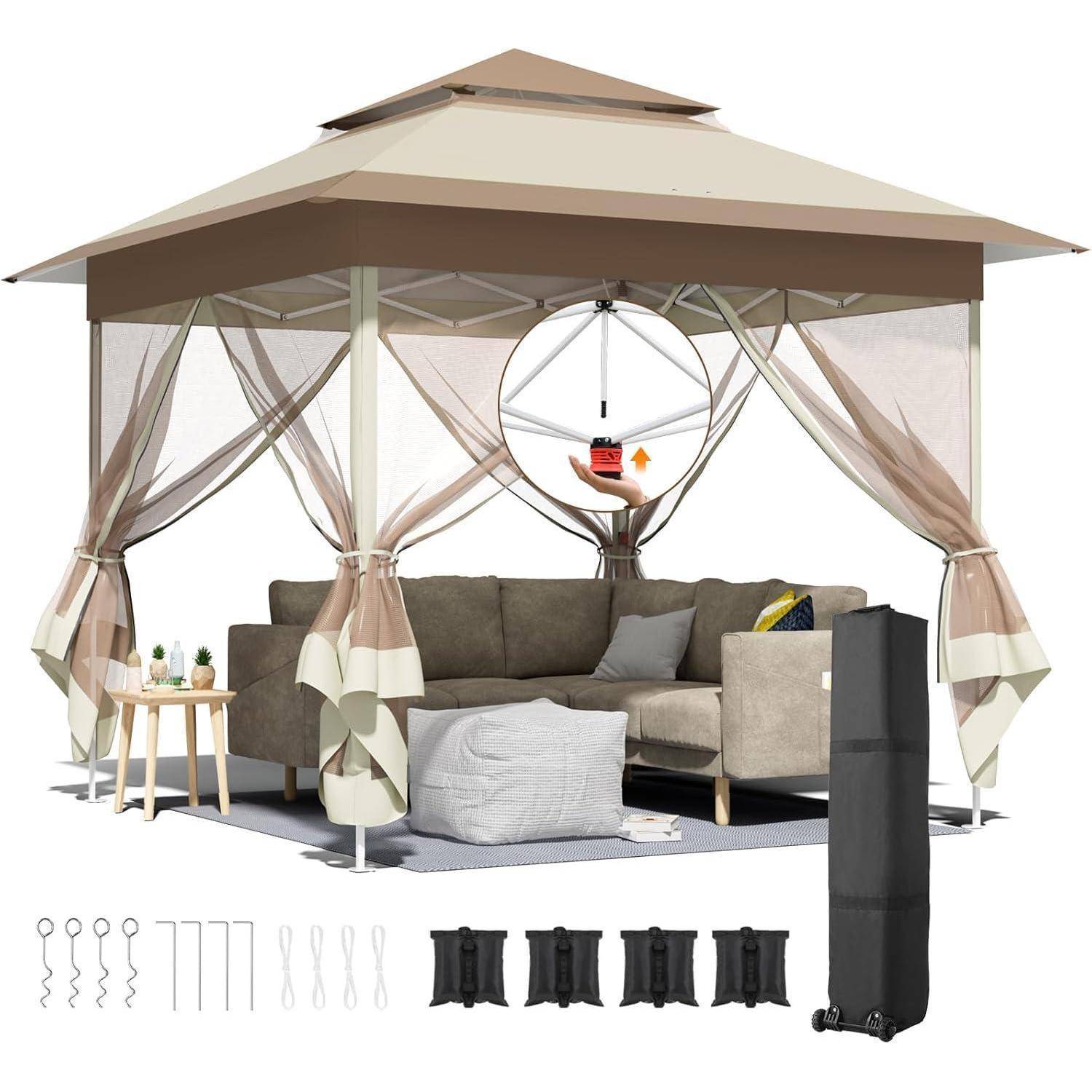 Outdoor-Pavillon-Baldachin mit transparenten Vorhängen, Ecksofa, Beistelltisch und hängender Regalfläche; inklusive Abspannseile, Heringe und Aufbewahrungstasche.