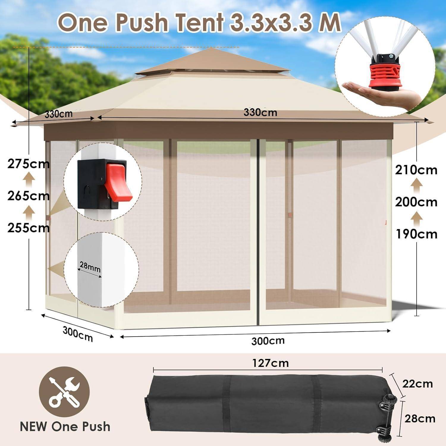 Abbildung eines beigen Automatik-Popup-Zelts mit der Bezeichnung „One Push Tent 3,3x3,3 M", mit 330 cm Breite, 300 cm Tiefe, Höhenmessungen und einer gefalteten schwarzen Tragetasche darunter.
