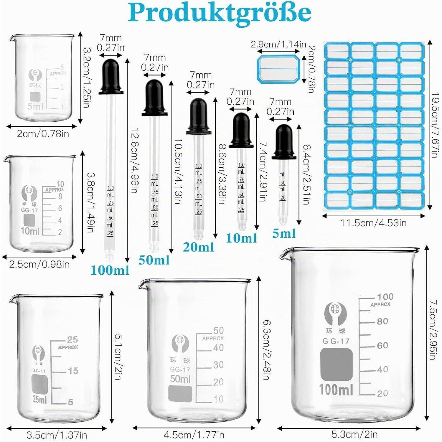 Größentabelle für Produkte mit einer Glastropferflasche, fünf Pipetten mit Kappen, drei Bechern (25ml, 50ml, 100ml) und einem 24er-Tablett mit Abmessungen in cm und Zoll gekennzeichnet.