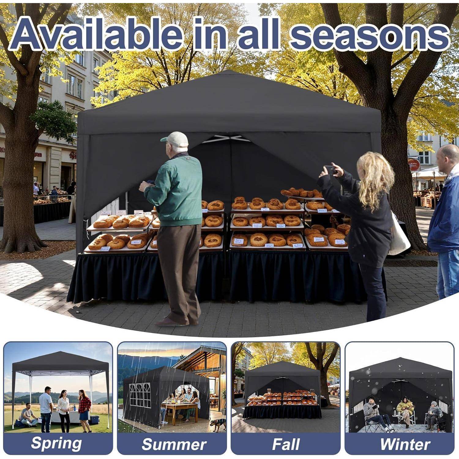 Saisonales Outdoor-Marktzelt mit Backwaren, mit der Aufschrift „In allen Jahreszeiten erhältlich" und vier beschrifteten Beispielen: Frühling, Sommer, Herbst, Winter.