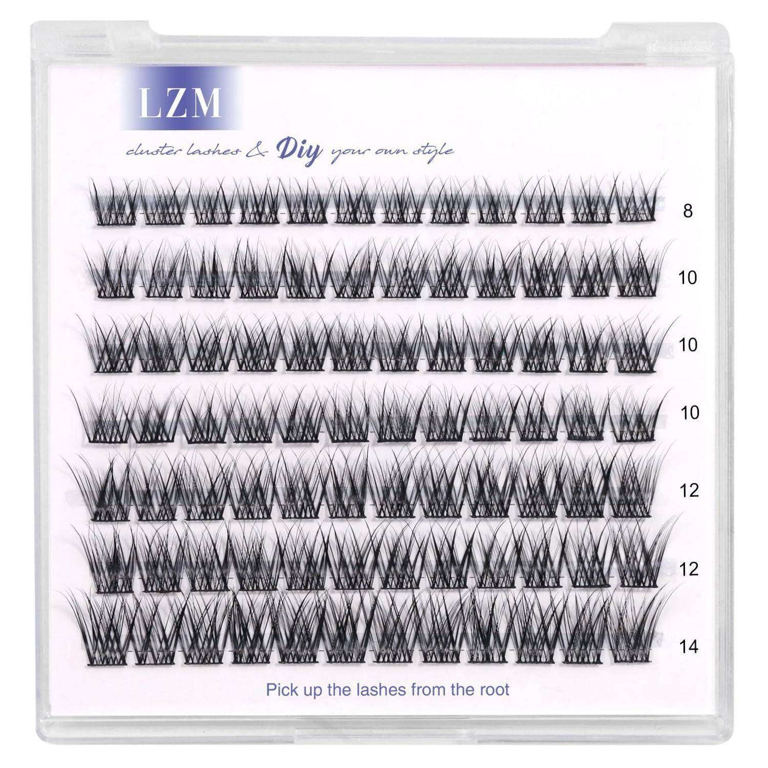 LZM DIY Cluster-Wimpern-Tablett mit Wimperntrauben in Reihen mit den Bezeichnungen 8, 10, 10, 10, 12, 12 und 14 mit dem Hinweis „Wimpern von der Wurzel aufnehmen
