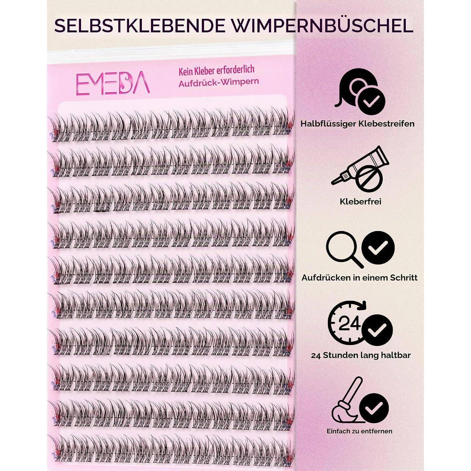 Rosa EMESA selbstklebende Wimpernbüschel-Paket mit mehreren Wimpernstreifen und Symbolen für klebstofffrei, aufdrücken, 24-Stunden-Tragezeit und einfaches Entfernen.