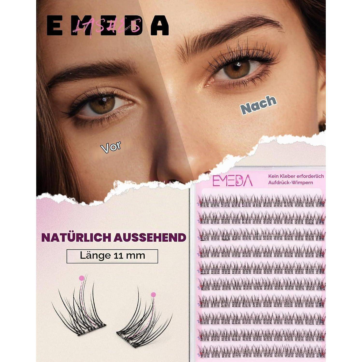 Anzeige für EYEDA Wimpernverlängerungen mit Vorher-und-Nachher-Bildern von Augen, mit 