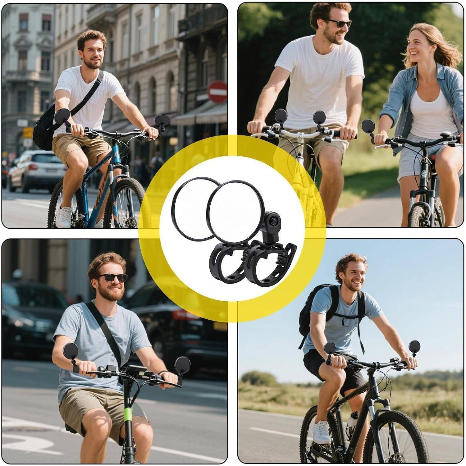 Collage von Radfahrern auf Stadt- und Landstraßen mit einem Set schwarzer Fahrradspiegel in der Mitte.