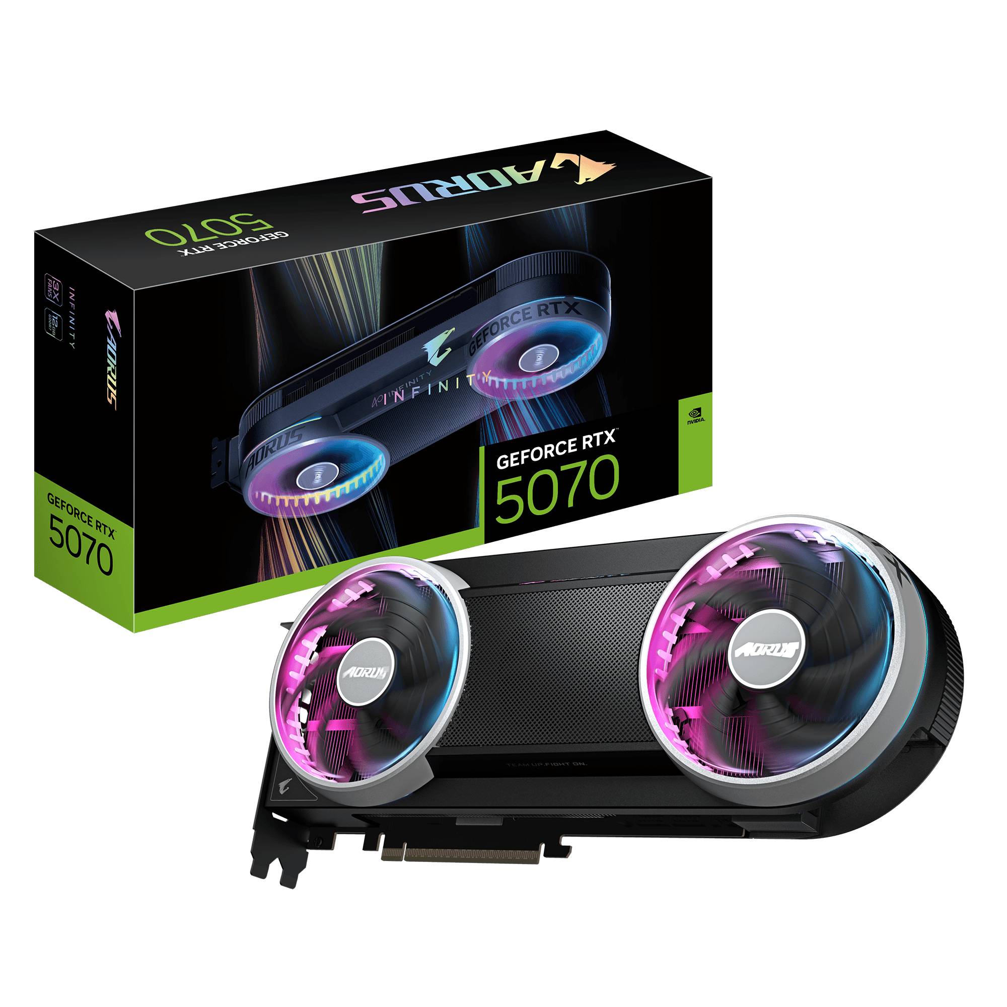 Aorus GeForce RTX 5070 Grafikkarte mit Einzelhandelverpackung, mit dualen RGB-beleuchteten Lüftern und schwarzem Gehäuse auf weißem Hintergrund.