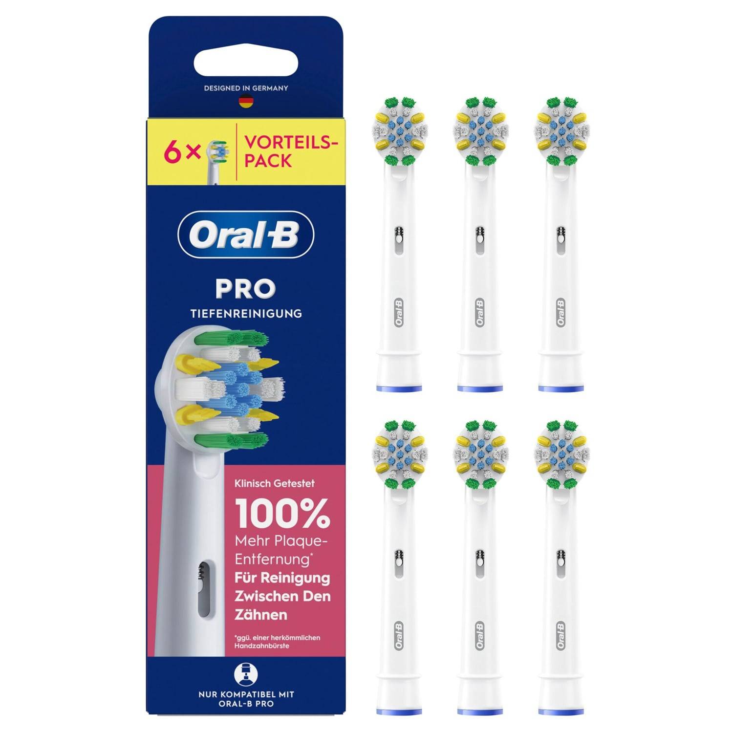 Oral-B Pro Zahnbürsten 6er-Packung mit sechs weißen elektrischen Zahnbürsten neben der Schachtel, gekennzeichnet mit „Vorteils-Pack