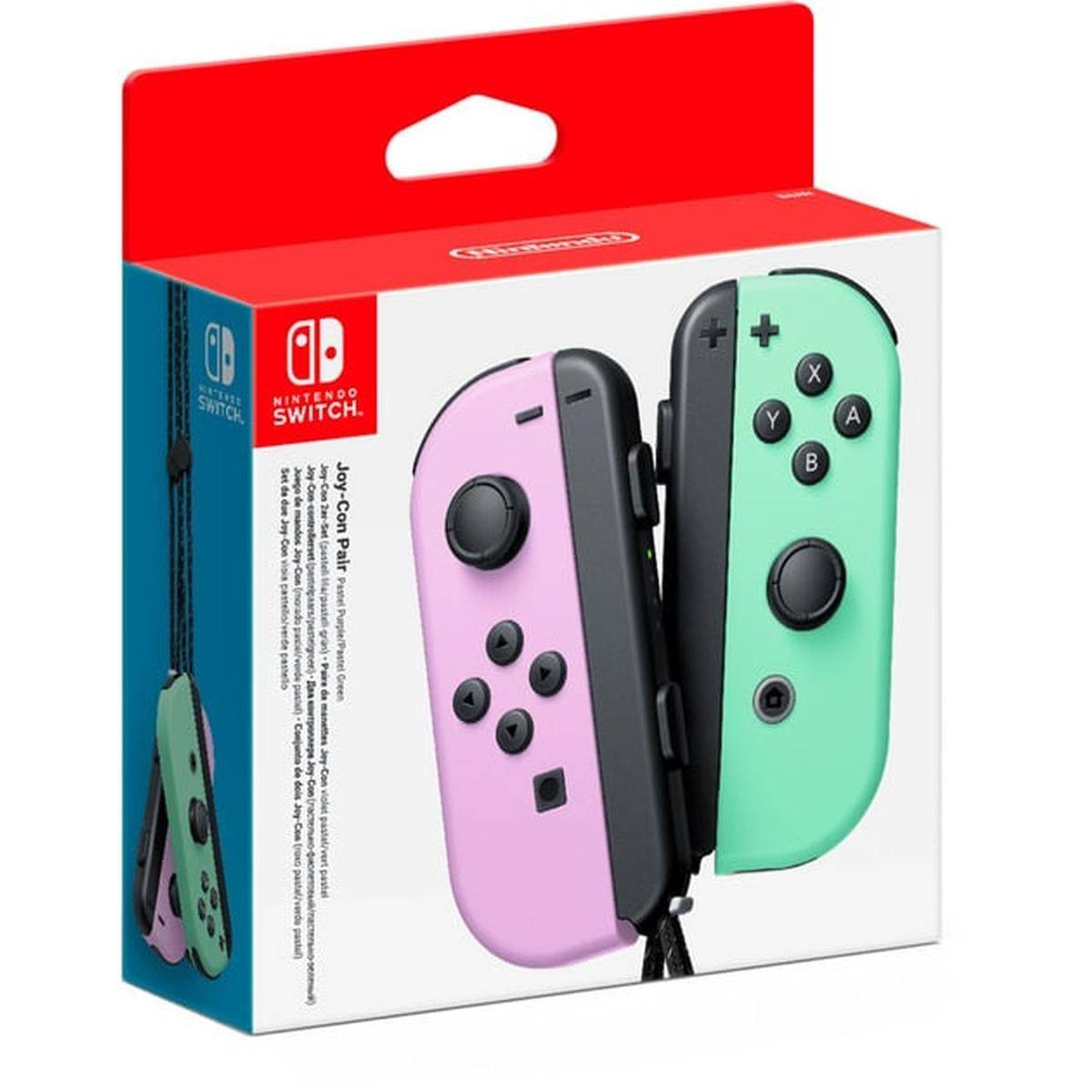 Nintendo Switch 'Joy-Con (L)' und 'Joy-Con (R)' Controller in Pastelllila und Mintgrün auf Einzelhandelsverpackung.
