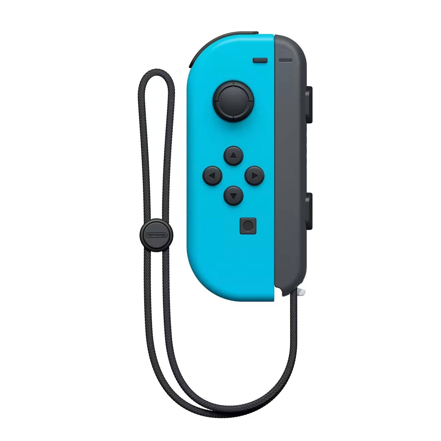Blauer und grauer Nintendo Switch Joy-Con Controller mit befestigter Handgelenkschlaufe, von vorne auf weißem Hintergrund gezeigt.