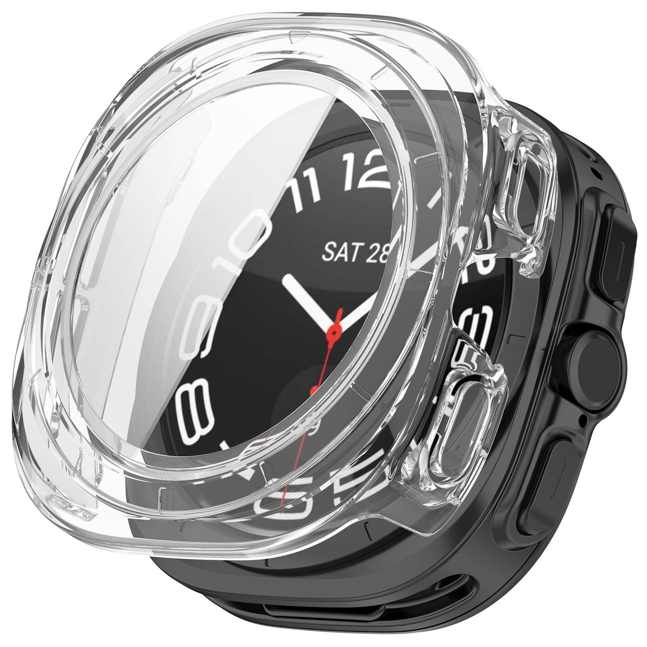 Schwarze Smartwatch mit transparenter Schutzhülle, in schrägem Nahaufnahmewinkel mit analog-stilisiertem Zifferblatt und rotem Sekundenzeiger dargestellt.