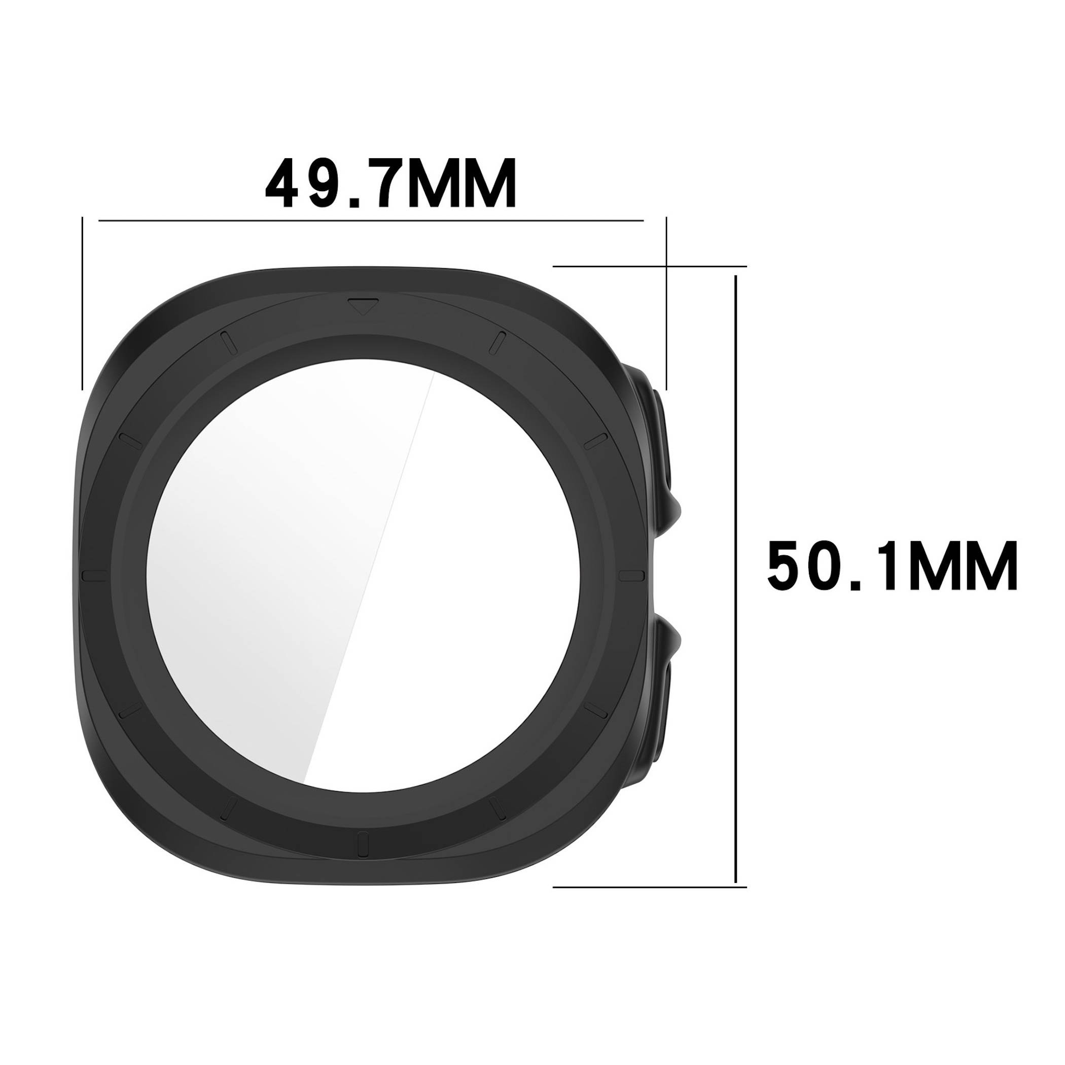 Schwarzes quadratisches Uhrengehäuse von vorne gezeigt mit beschrifteten Maßen von 49,7 MM Breite und 50,1 MM Höhe.