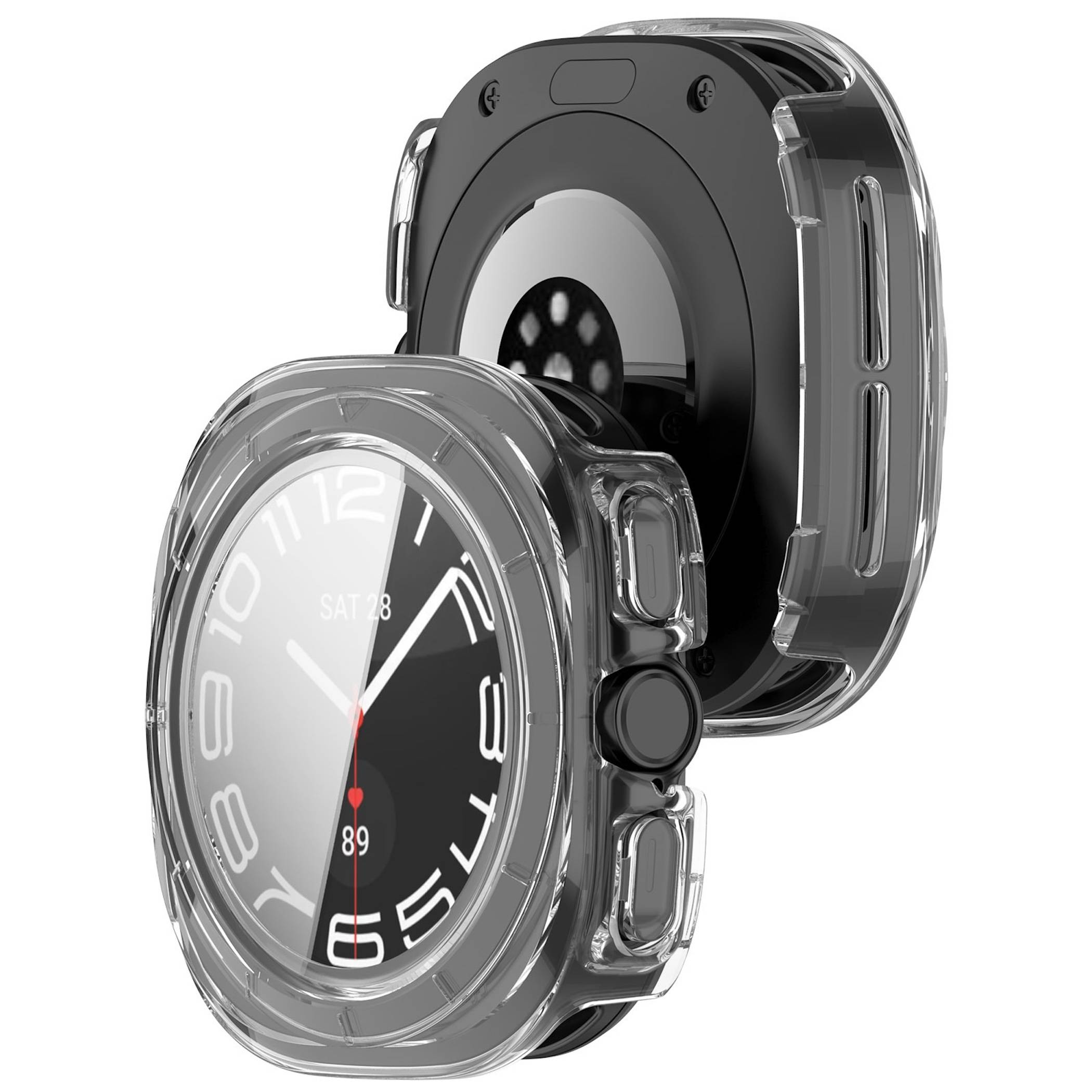 Transparentes Schutzgehäuse für eine quadratische Smartwatch, dargestellt in Front- und Rückansicht vor weißem Hintergrund.