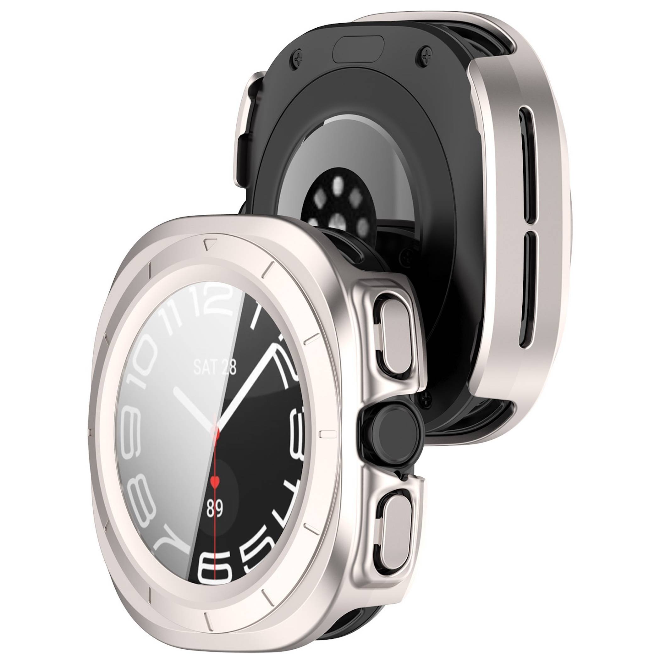 Zwei Smartwatches von vorne und hinten gezeigt, die ein rundes Display, Seitentasten, Sensoren und ein silbern-schwarzes Gehäuse hervorheben.