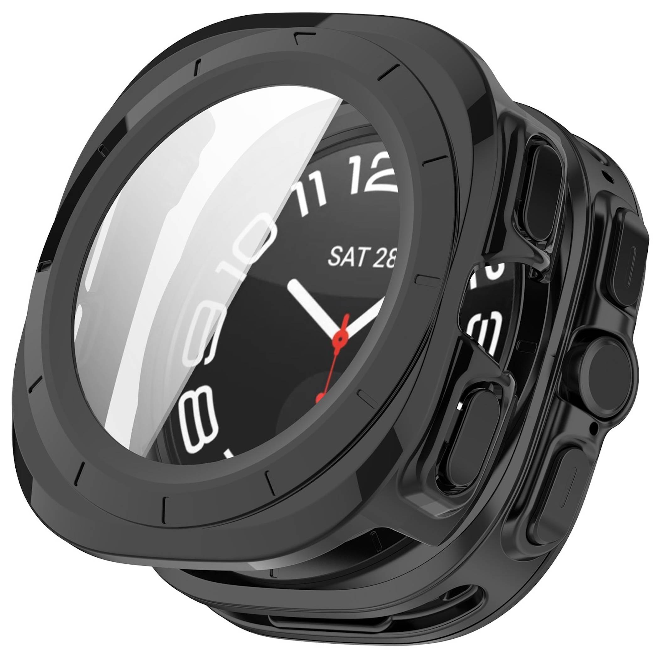 Robuste schwarze Smartwatch mit rundem Analogzifferblatt mit Datumsanzeige und rotem Sekundenzeiger, Schrägansicht von der Seite.