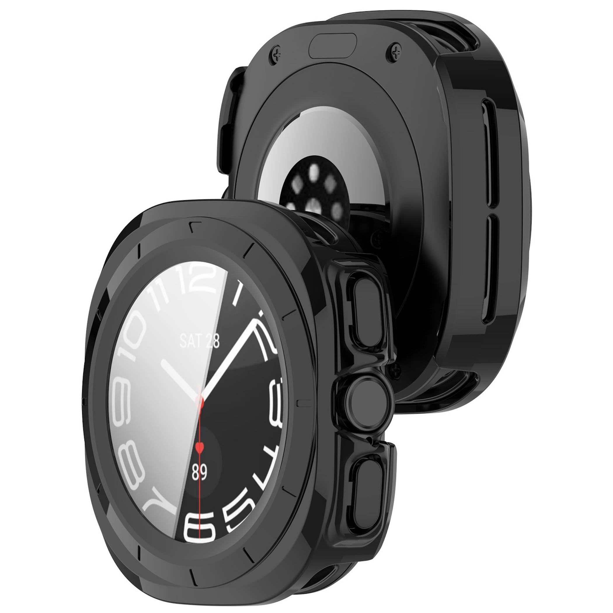 Robuste schwarze Smartwatch von vorne und hinten dargestellt, mit rundem digitalen Display, seitlichen Tasten und schwarzem Schutzgehäuse.