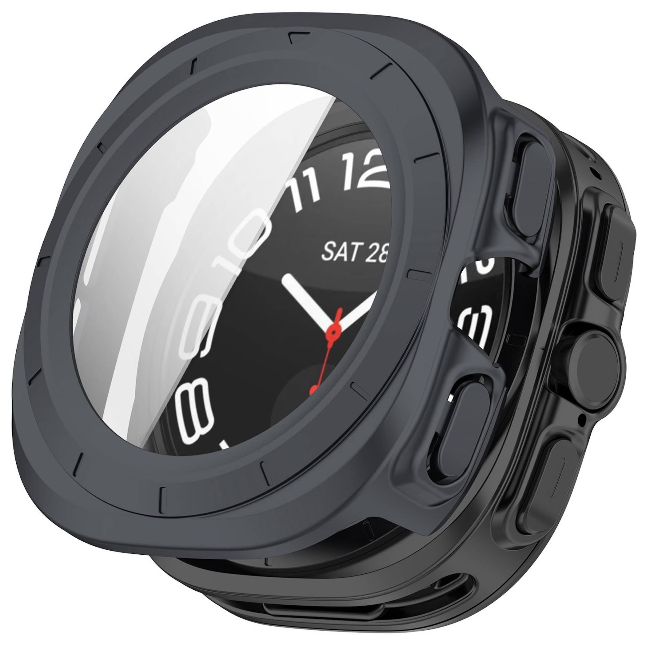 Robuste schwarze Smartwatch mit rundem analog-ähnlichem Zifferblatt, Datumsanzeige, rotem Sekundenzeiger und Seitentasten an einem dunklen Armband.