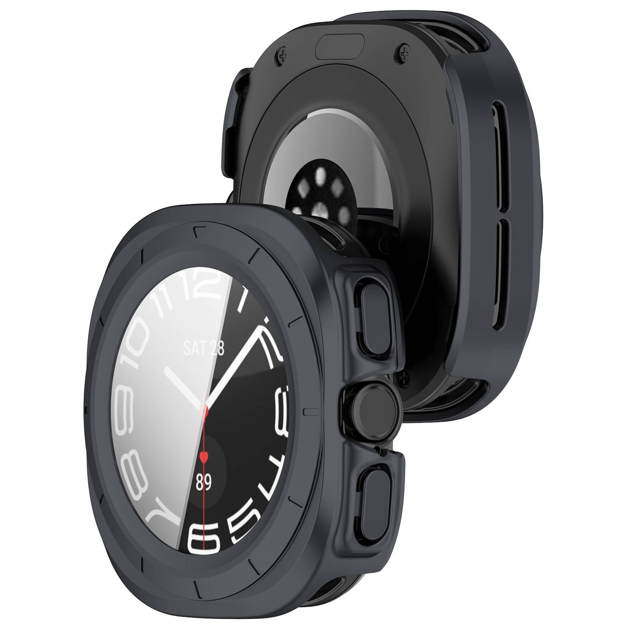 Zwei schwarze robuste Smartwatches, von vorne und von hinten gezeigt, mit rundem digitalem Display und dickem Schutzgehäuse.