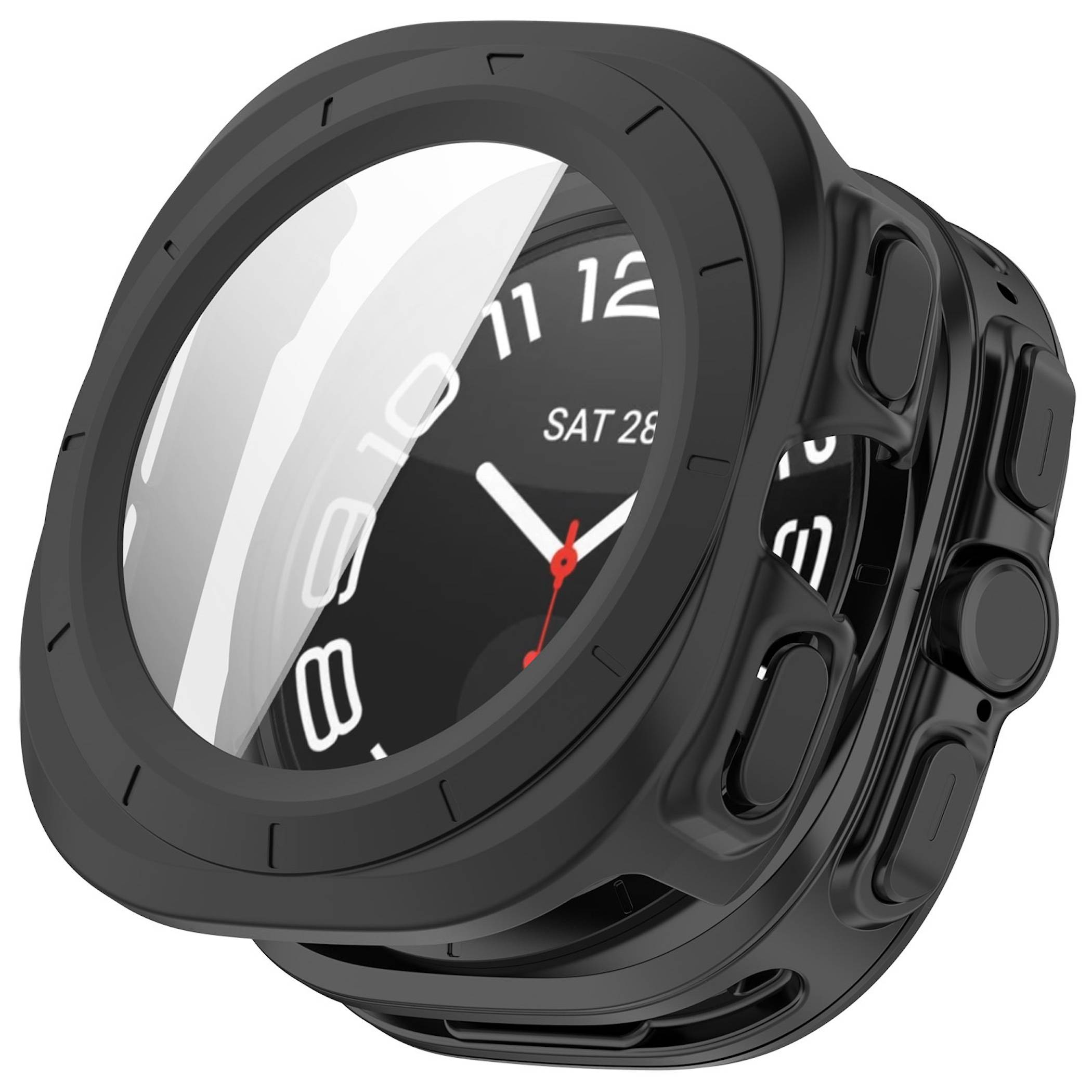 Schwarze Smartwatch mit rundem Display, zeigt ein analoges Zifferblatt und das Datum, aus einem Winkel betrachtet.