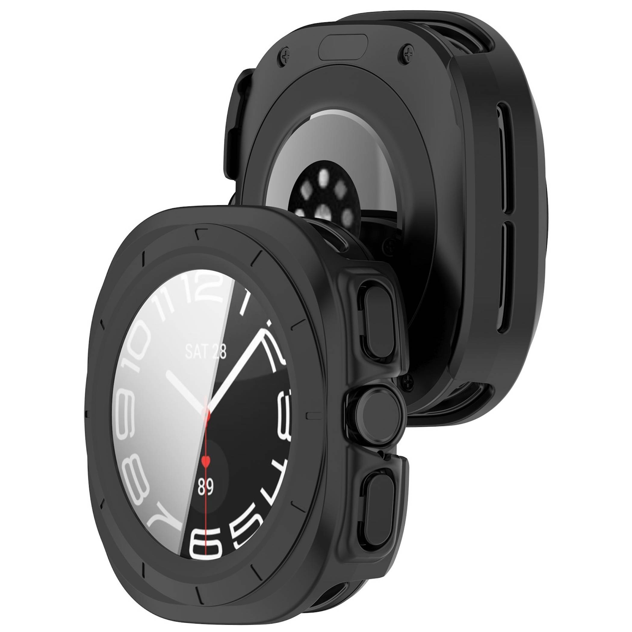 Schwarze robuste Smartwatch mit rundem digitalen Display und Seitentasten, von vorne und hinten auf weißem Hintergrund dargestellt.
