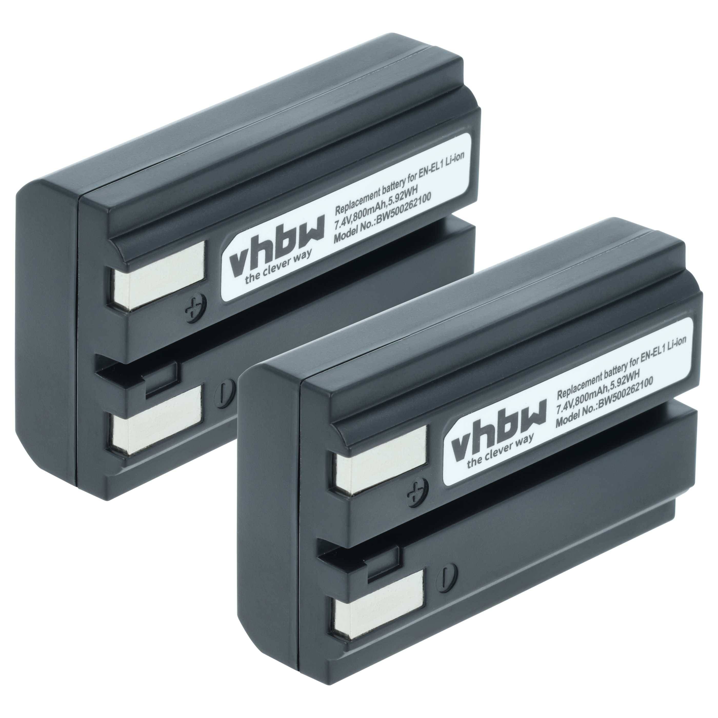 Zwei schwarze vhbw wiederaufladbare Kamerabatterien auf weißem Hintergrund gezeigt, gekennzeichnet als 7,4V Lithium-Ionen-Ersatzbatterien.