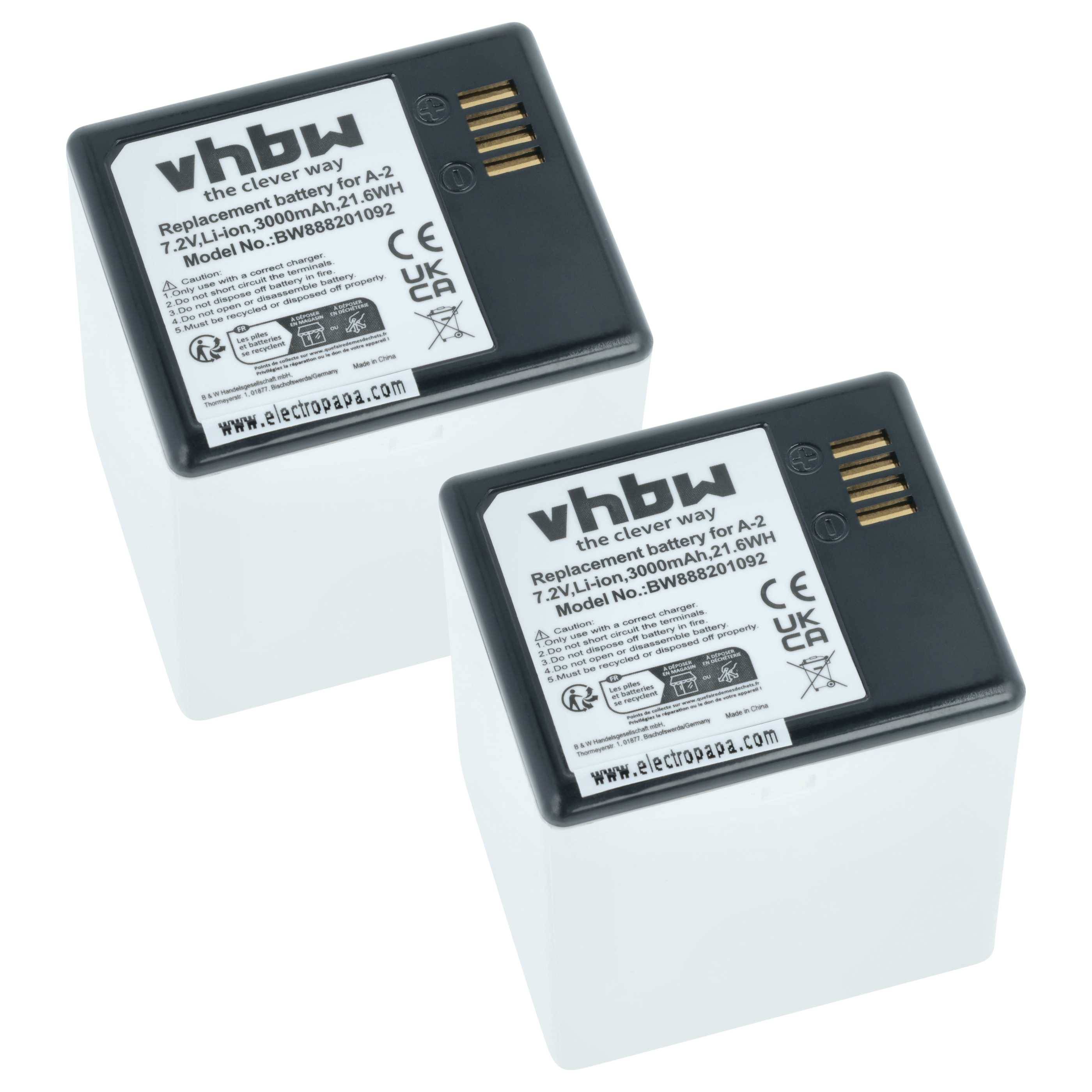 Zwei vhbw wiederaufladbare Ersatzbatterien für ein 7,2V Li-Ionen-Schnurlostelefon, gezeigt mit Anschlussklemmen und Beschriftungen.