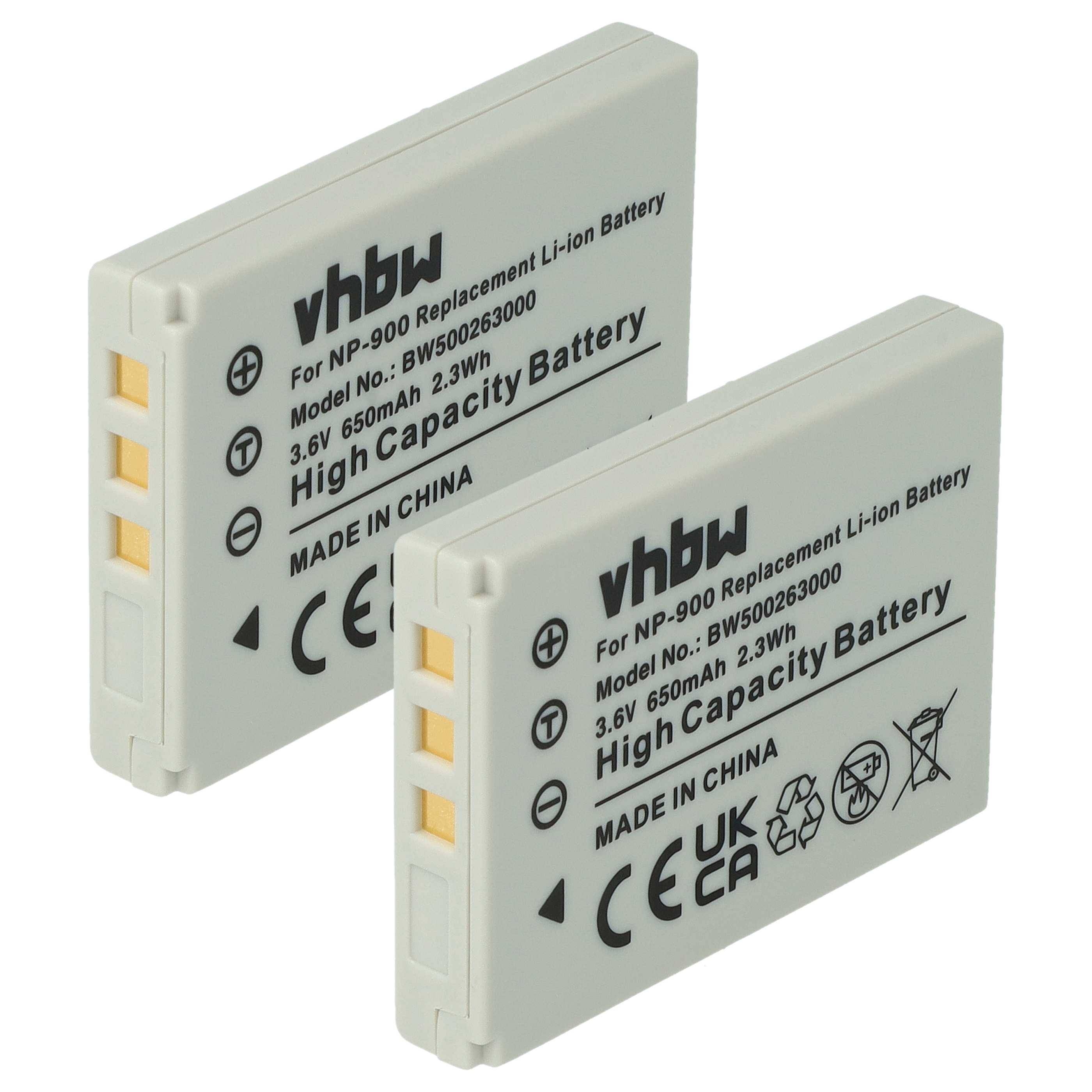 Zwei vhbw Ersatz-Lithium-Ionen-Kamerabatterien mit Kennzeichnung für NP-900, 3,6V 650mAh Hochkapazitätsbatterie.