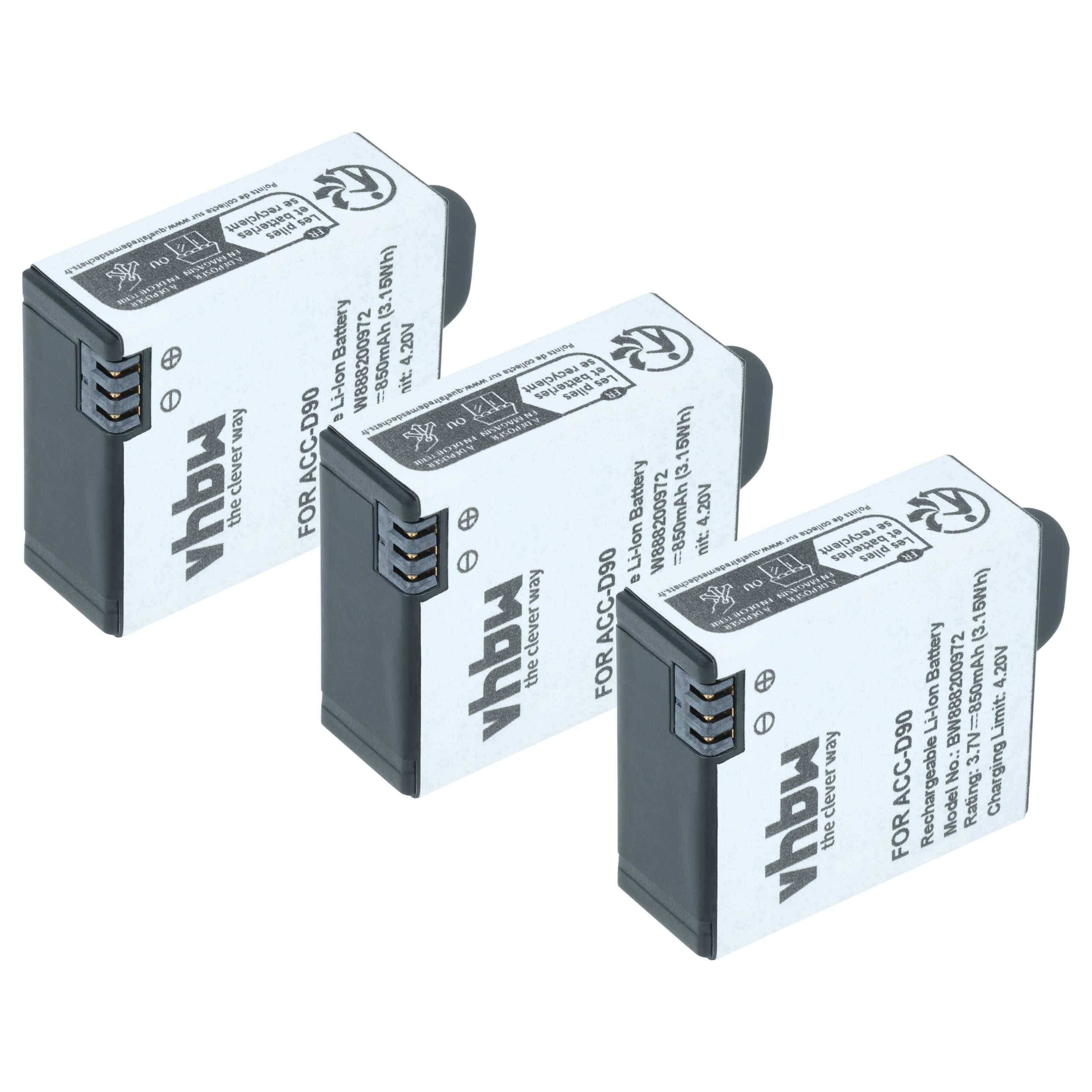 Drei Vhbw Lithium-Ionen-Kamerabatterien diagonal auf weißem Hintergrund angeordnet, gekennzeichnet für ACC-CD0.