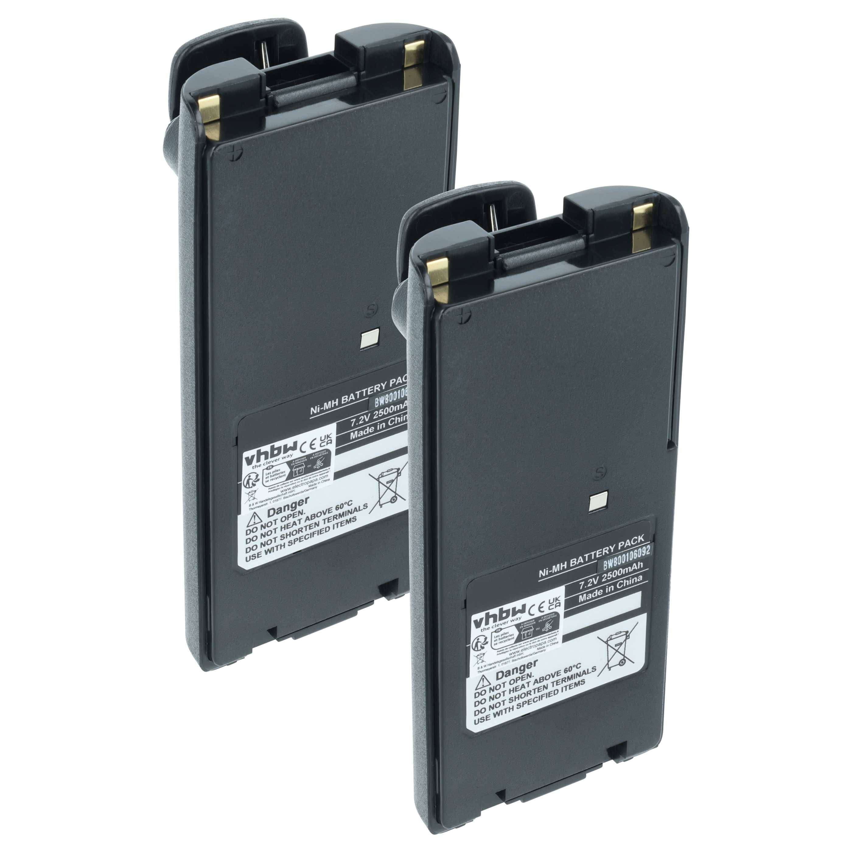Zwei schwarze wiederaufladbare Batteriepacks, die aufrecht auf weißem Hintergrund stehen, zeigen ihre Rückenetiketten und oberen Kontakte.