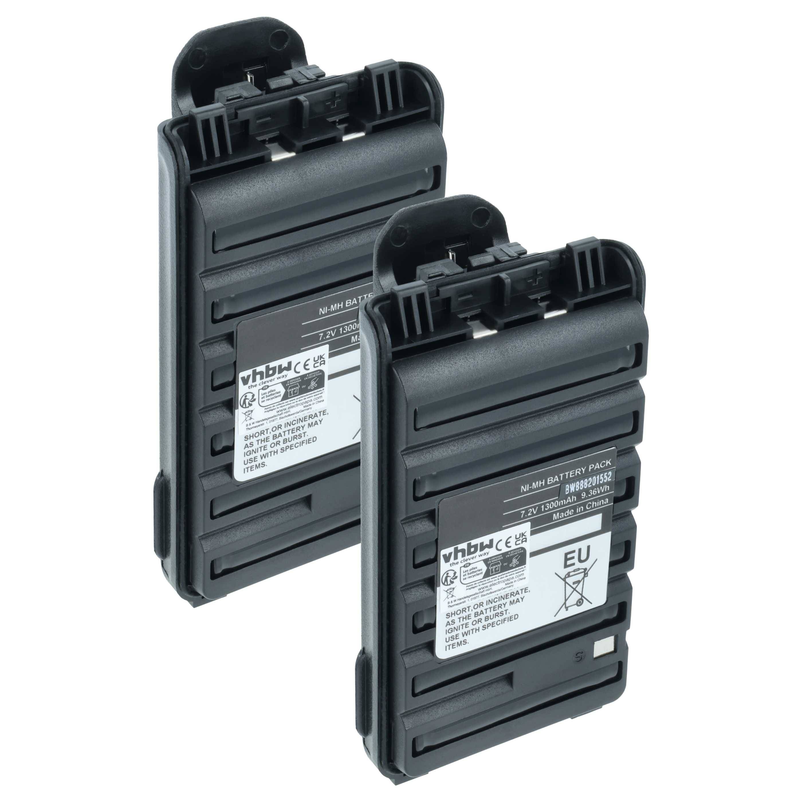 Zwei schwarze wiederaufladbare Batteriepacks mit Clip-Anschlüssen und weißen Etiketten, aufrecht auf weißem Hintergrund dargestellt.