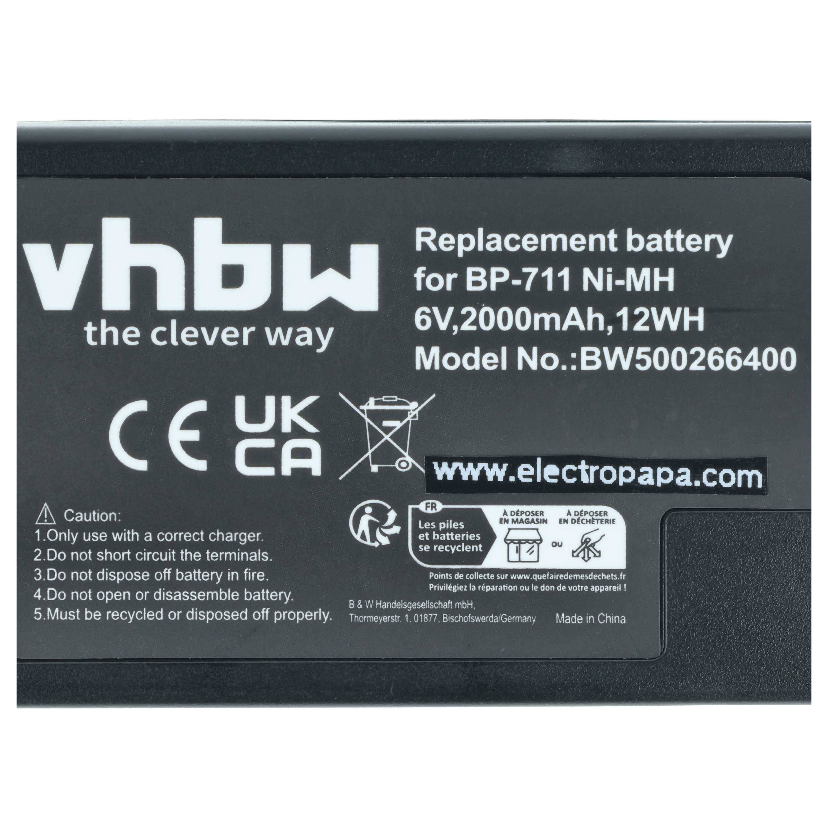 Etikett auf einer VHBW Ersatzbatterie für BP-711 Ni-MH, 6V 2000mAh 12WH, Modell BW500266400, mit Sicherheits- und Recyclingzeichen.