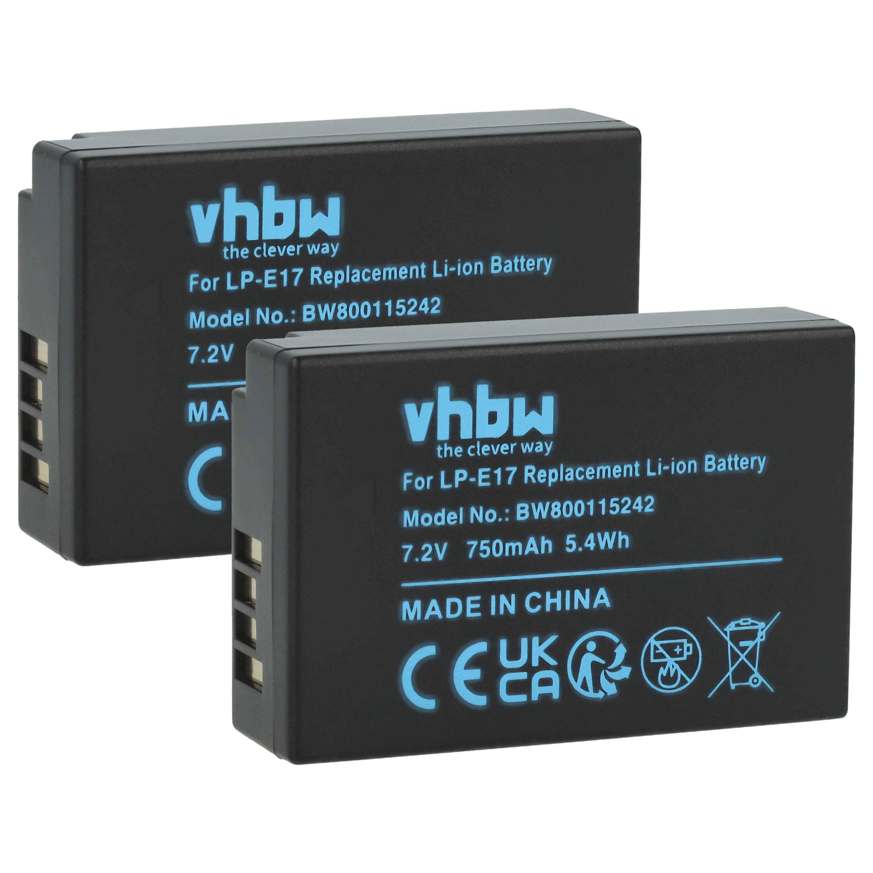 Zwei schwarze vhbw LP-E17 Ersatz-Li-Ionen-Batterien mit blauer Beschriftung, abgebildet von vorne und im Winkel nebeneinander.